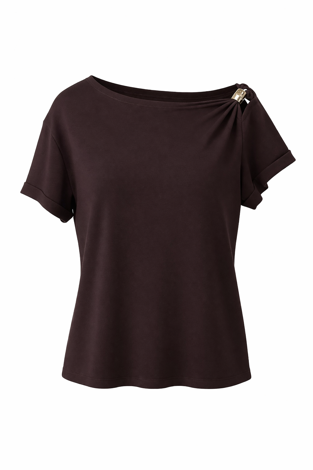 Düşük Omuz Tokalı Basic Acı Kahve Bluz