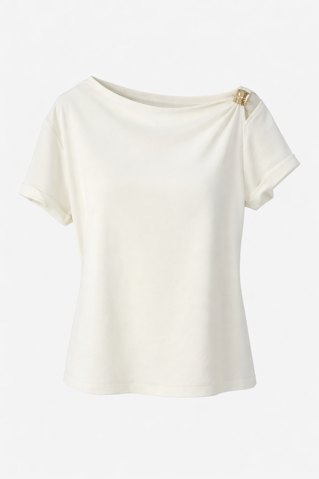 Düşük Omuz Tokalı Basic Beyaz Bluz