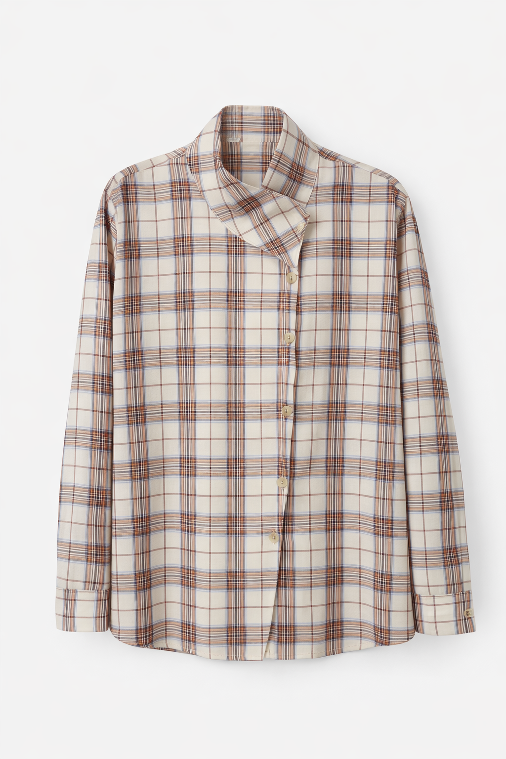 Ekoseli Asimetrik Krem Gömlek