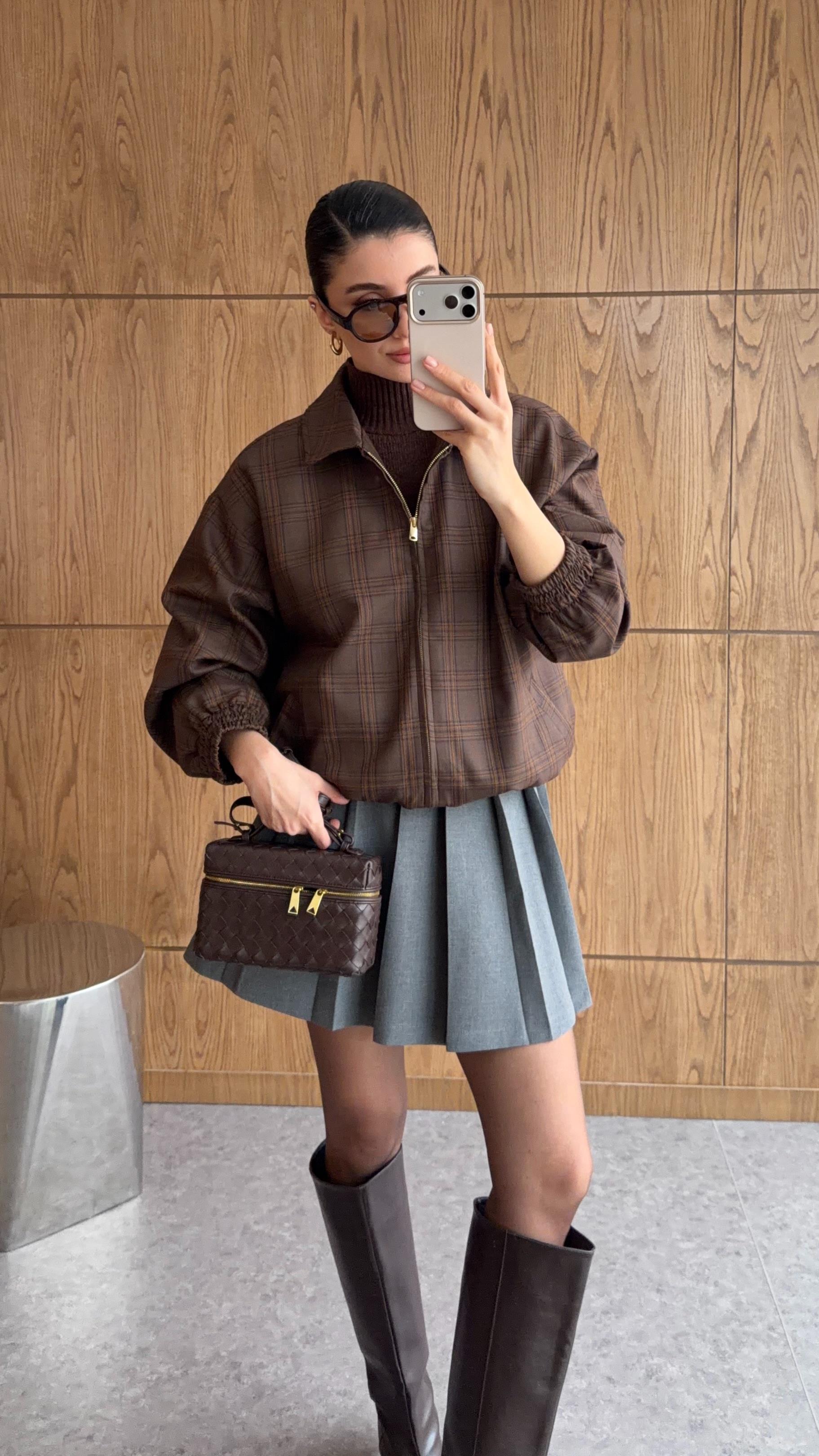 Ekoseli Kahve Bomber Ceket