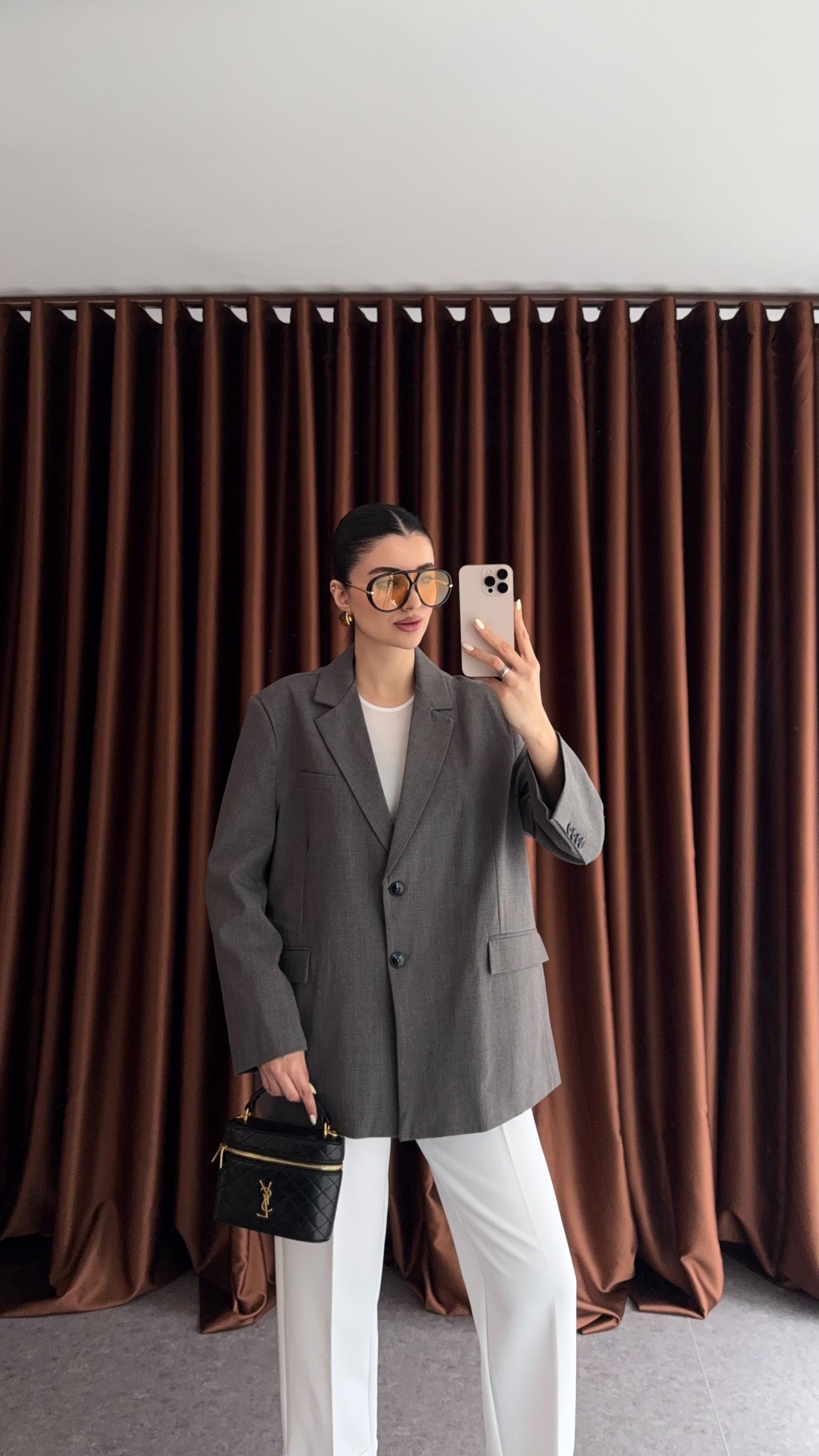 Ekoseli Oversize Gri Ceket