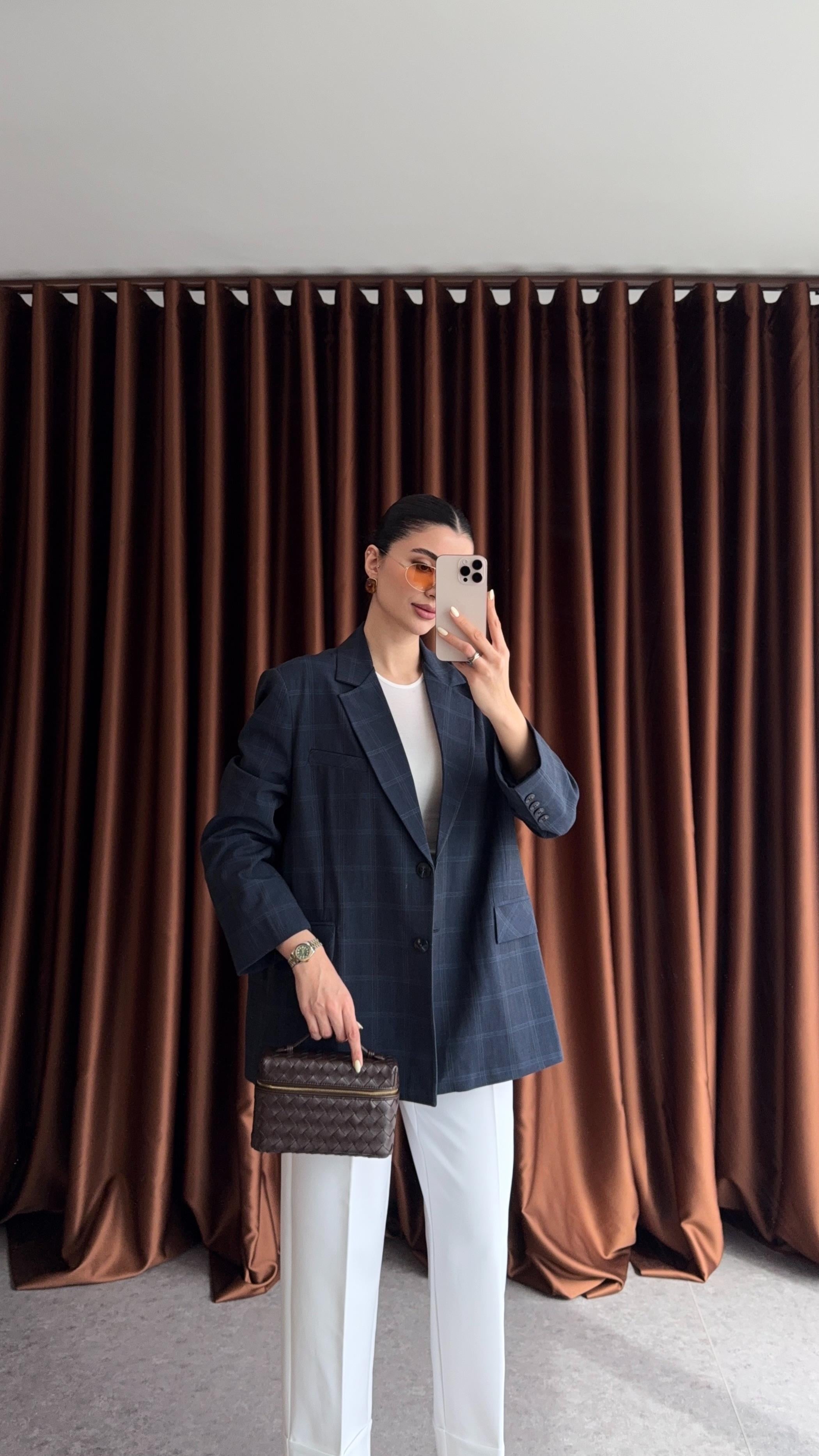 Ekoseli Oversize Mavi Ceket