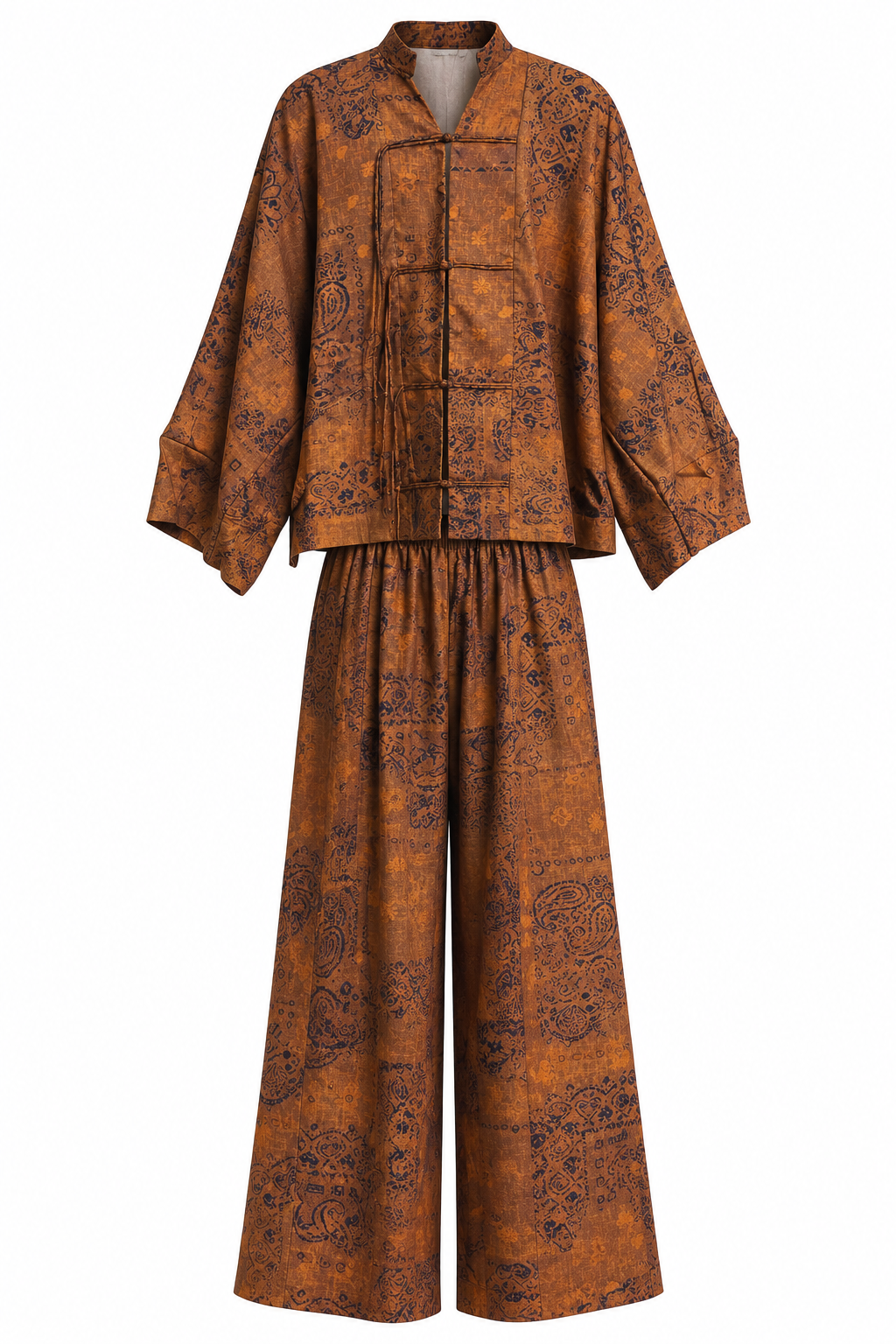 Etnik Desenli Kimono Bluz-Palazzo Pantolon Saten Takım