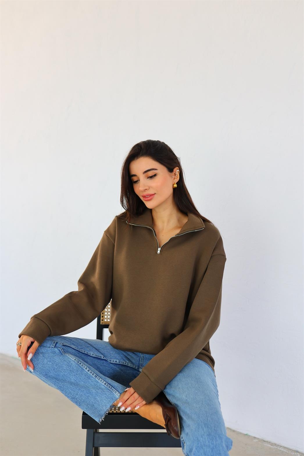 Fermuarlı 3 İplik Kahverengi Sweat