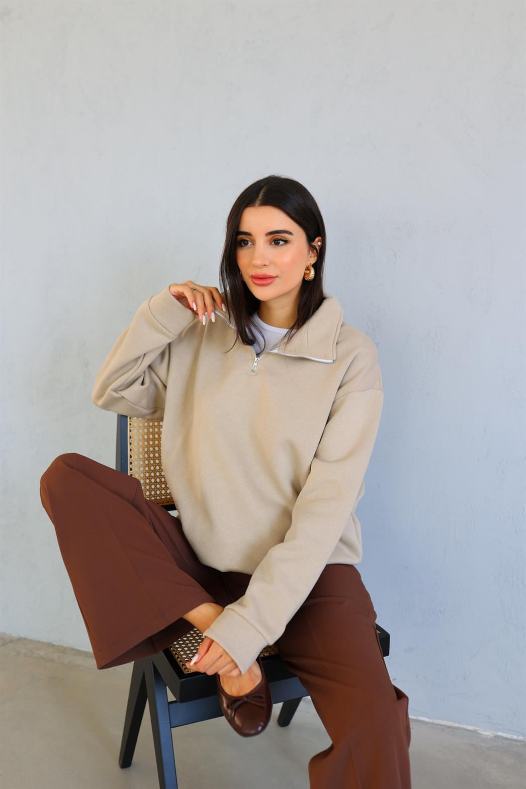 Fermuarlı 3 İplik Krem Sweat