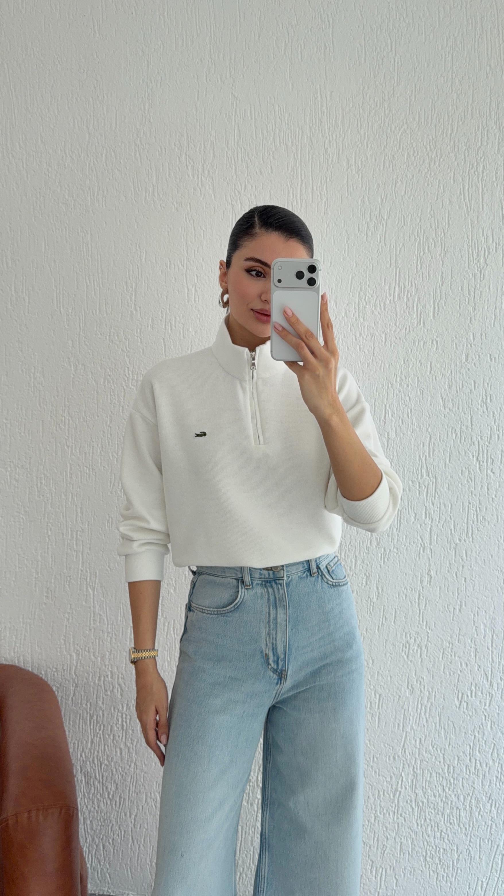Fermuarlı Beyaz Selanik Sweat