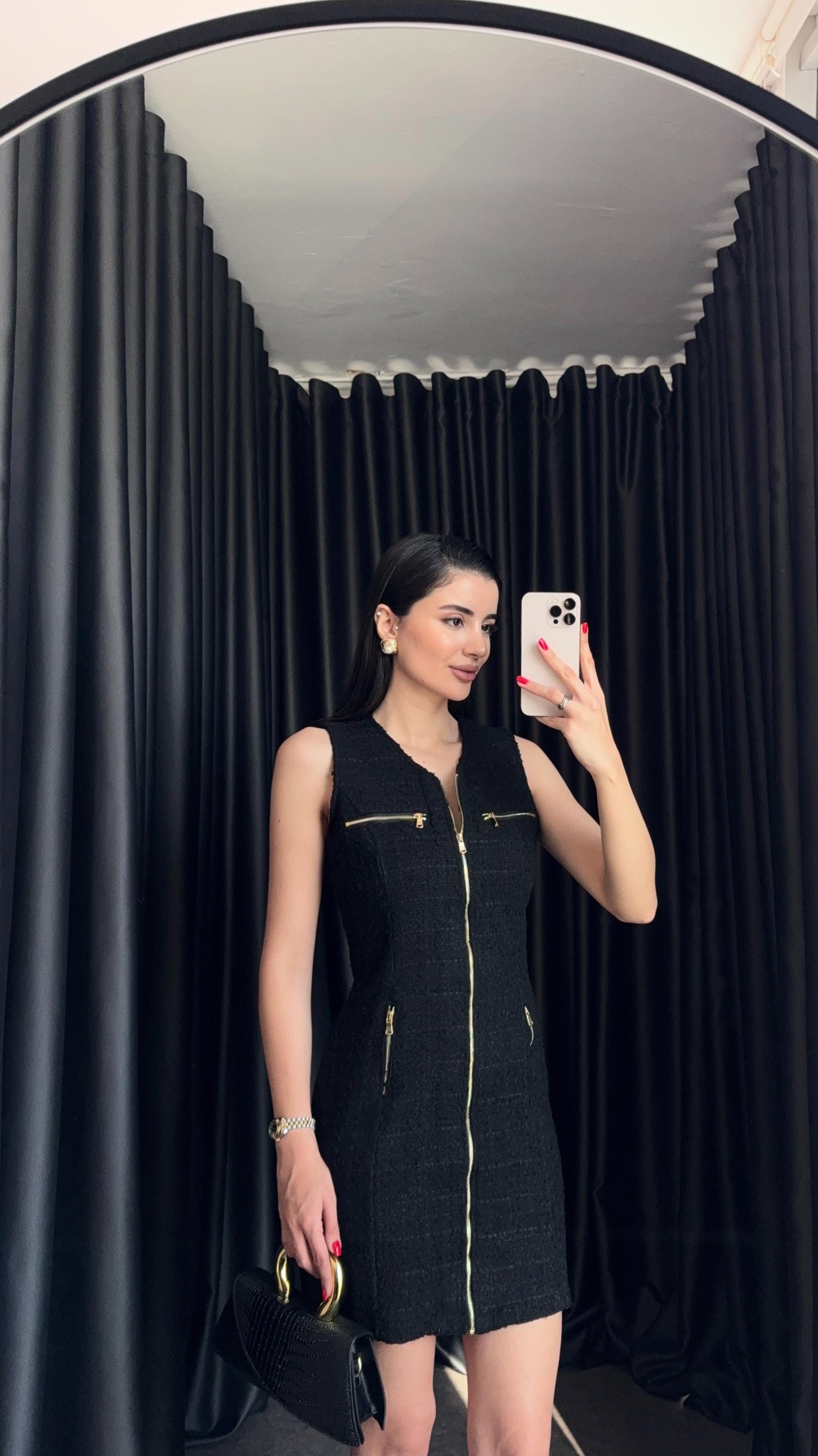 Fermuarlı Siyah Tüvit Elbise