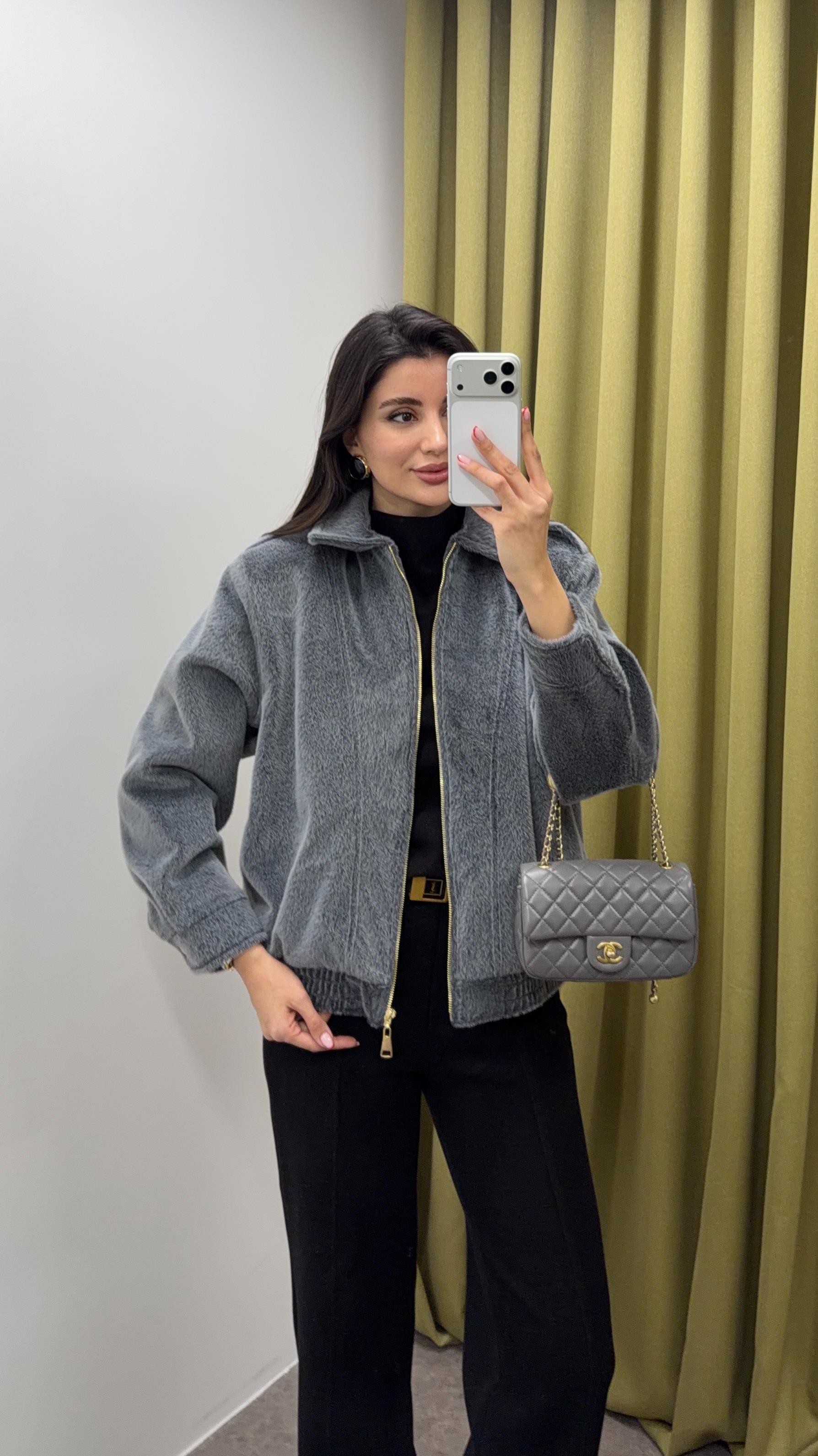 Fermuarlı Teddy Gri Bomber Ceket