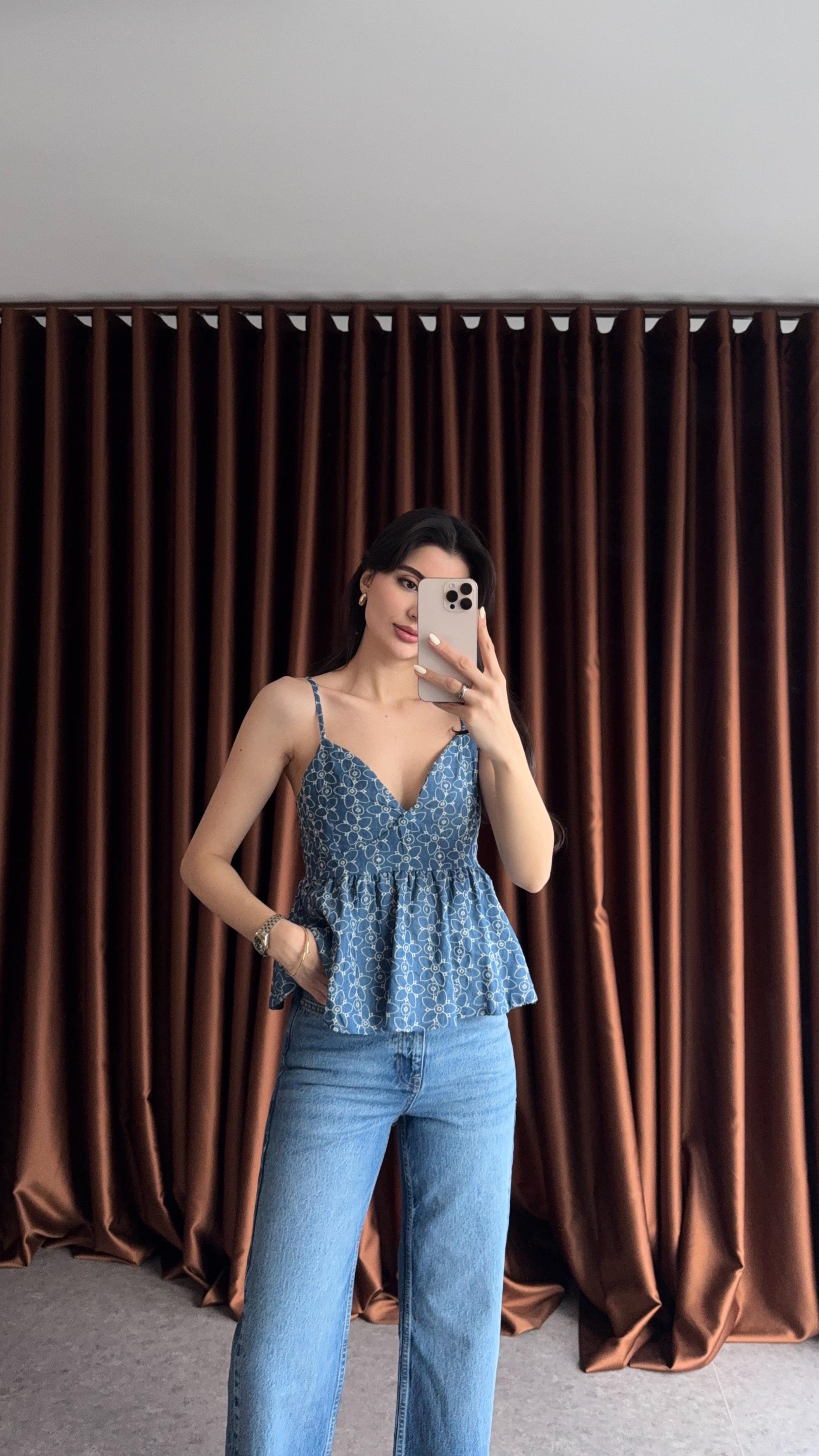 Fisto Detaylı Denim Bluz