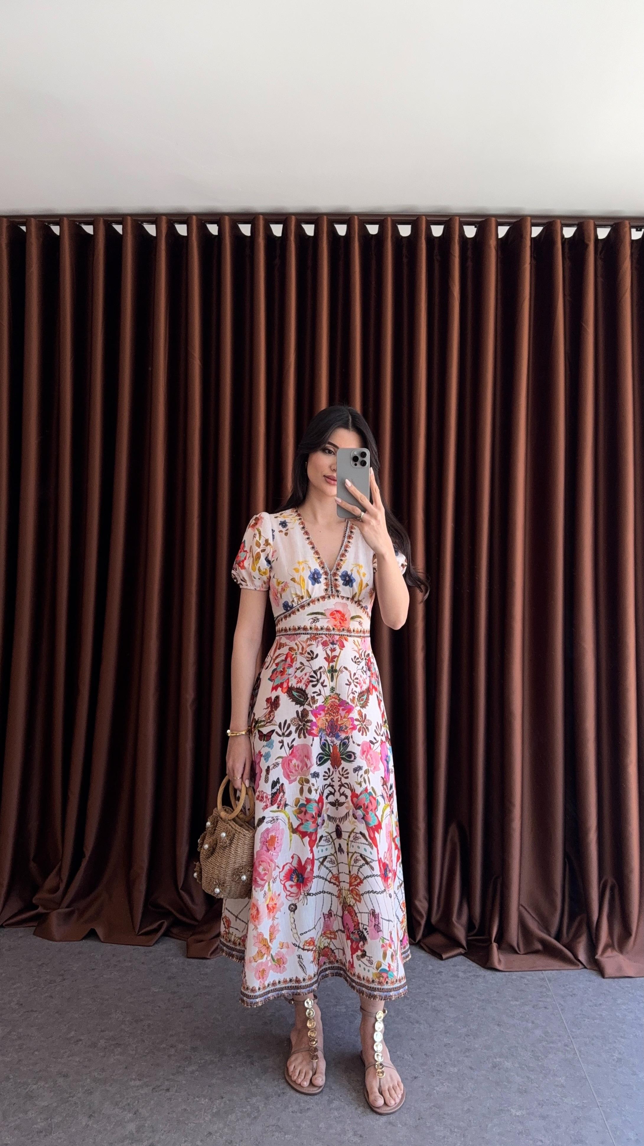 Floral Desenli Keten Elbise