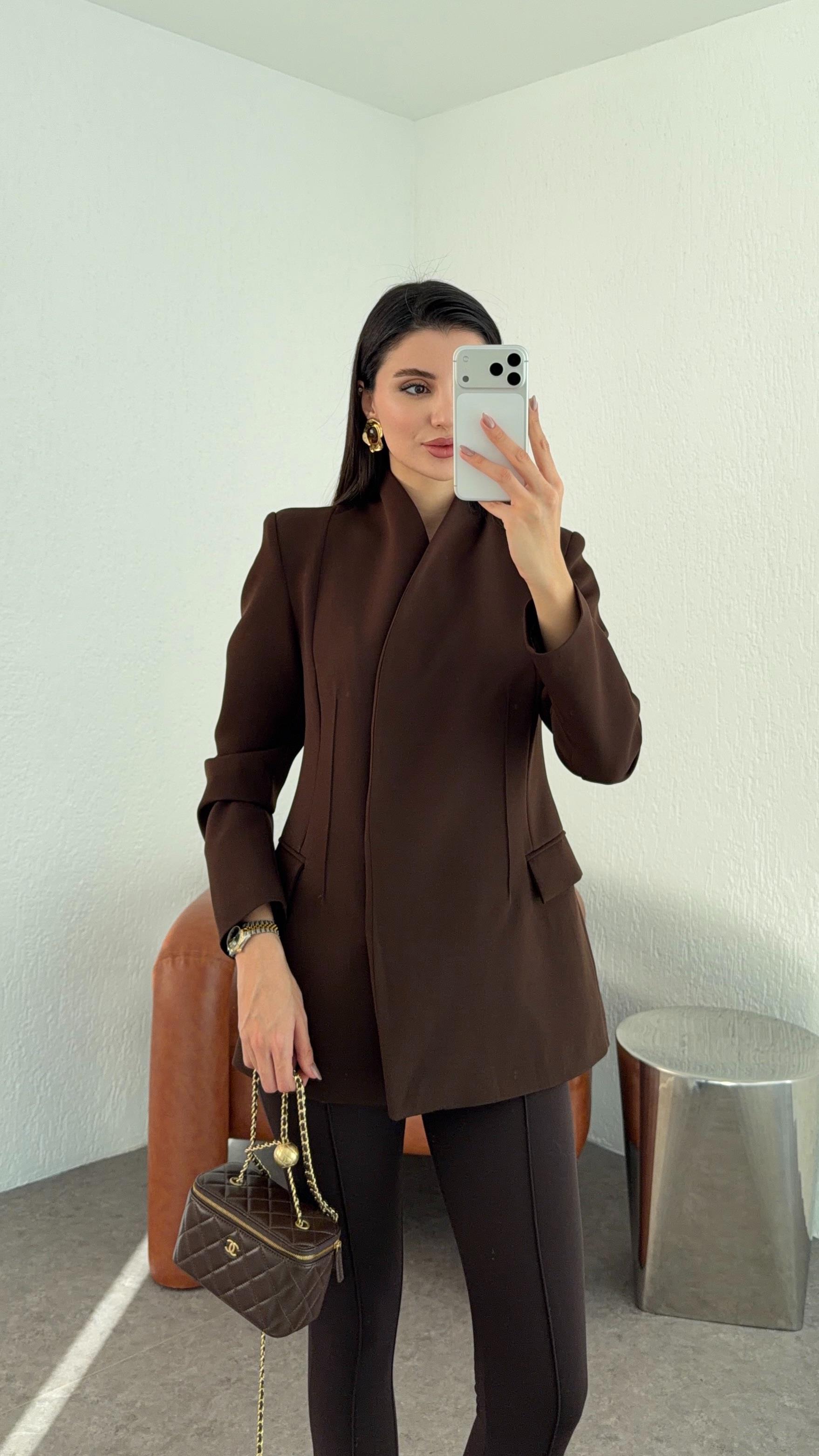 Gizli Düğmeli Kruvaze Kahve Ceket
