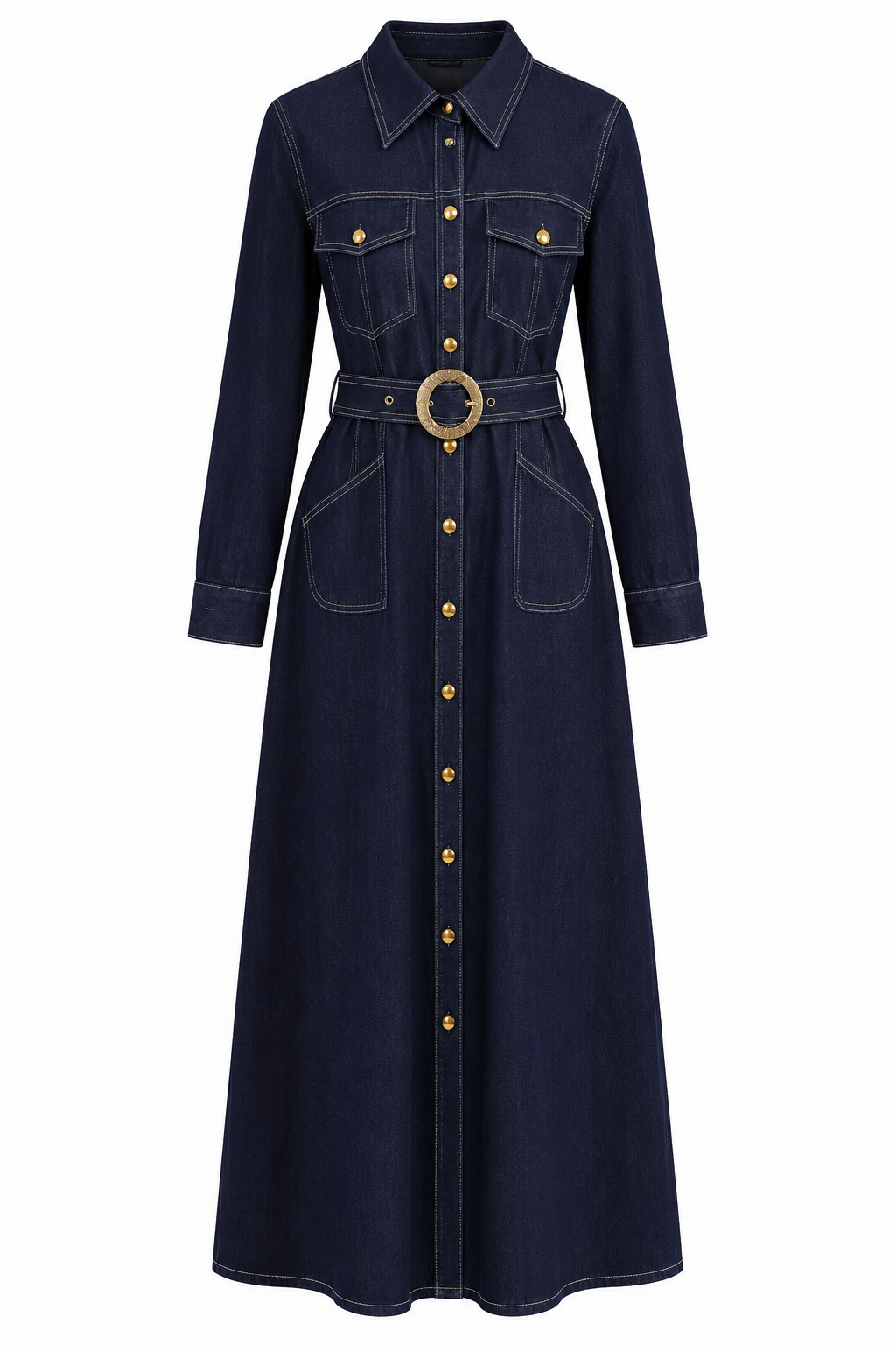 Gold Detaylı Kemerli Maxi Denim Elbise