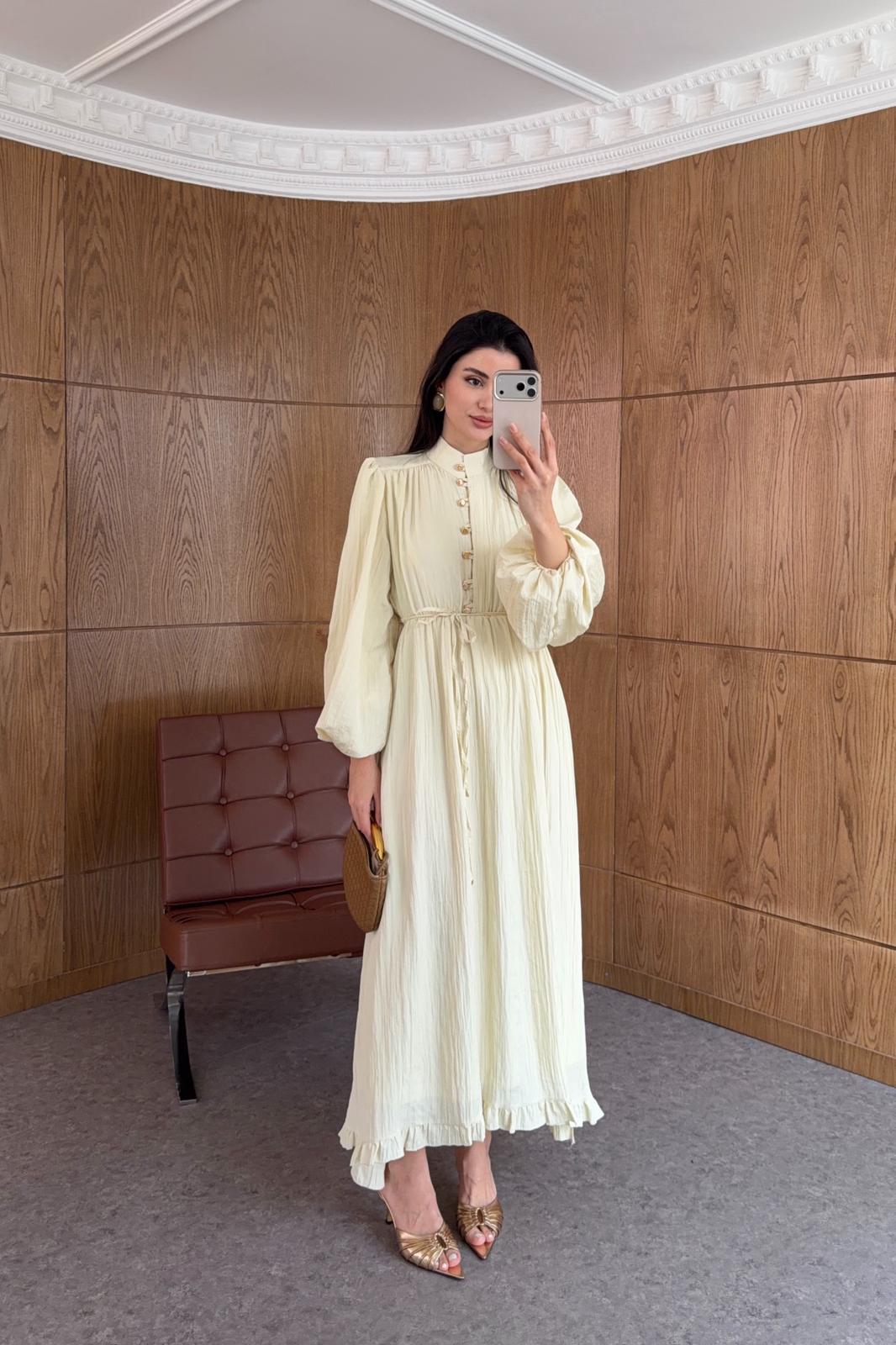 Gold Düğmeli Piliseli Sarı Elbise