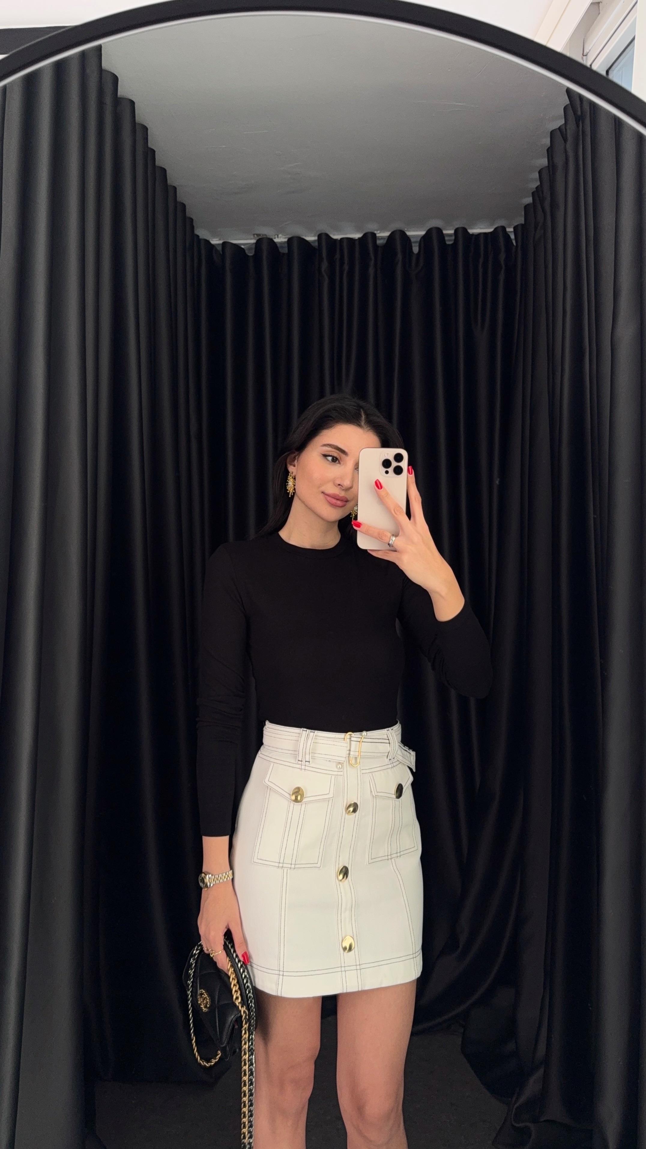 Gold Düğmeli Tasarım Denim Etek