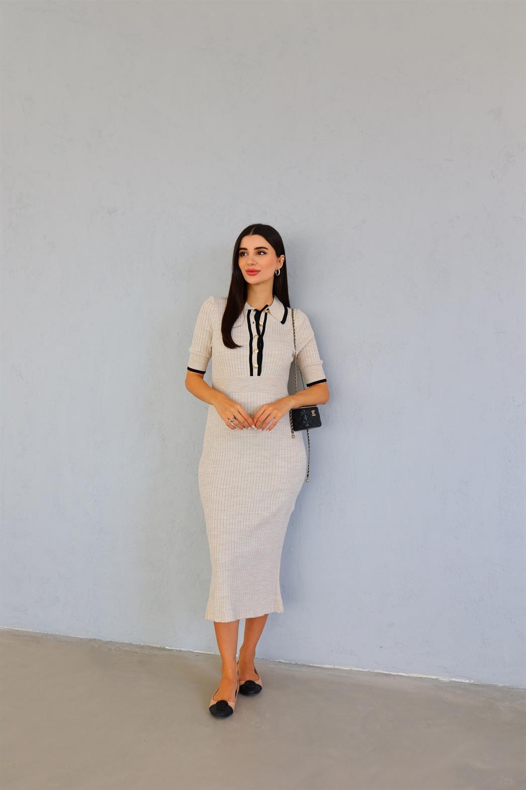 Gold Düğmeli Triko Elbise