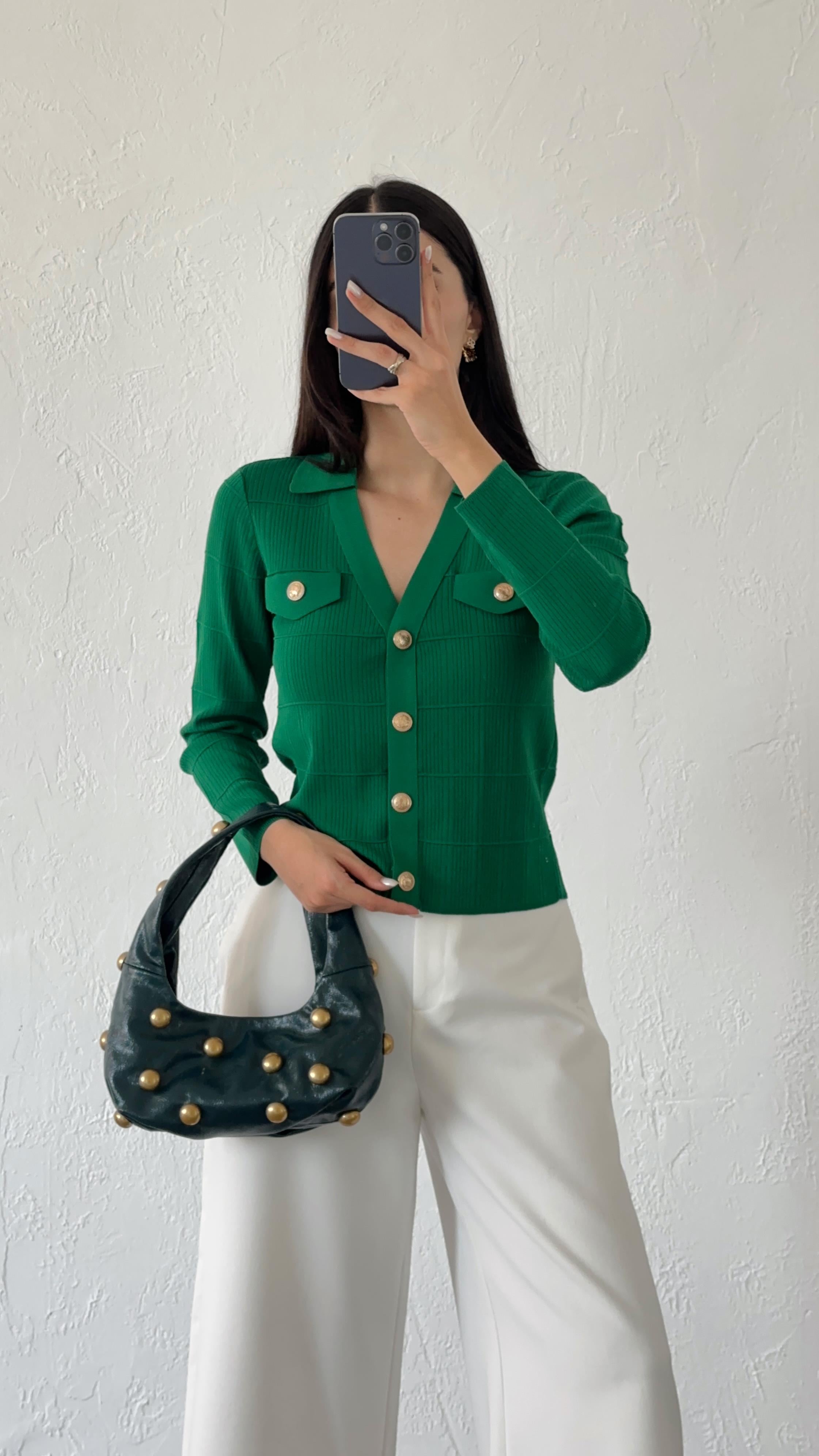 Gold Düğmeli Yeşil Hırka