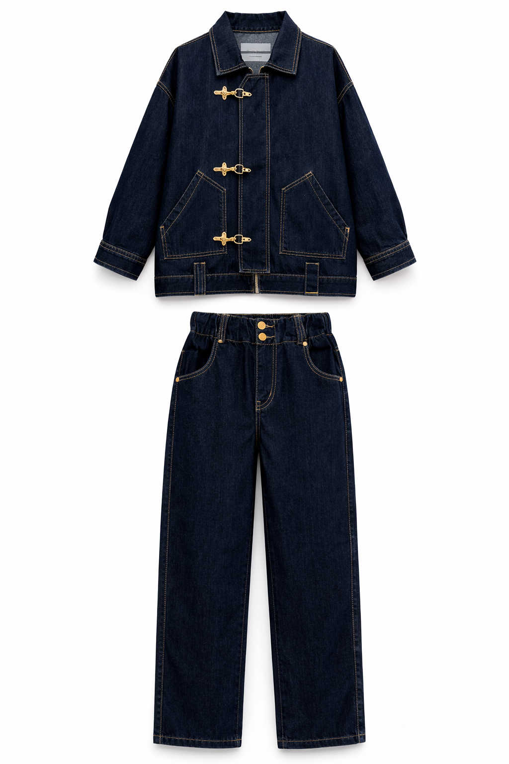Gold Kancalı Lacivert Denim Ceket-Jean Takım