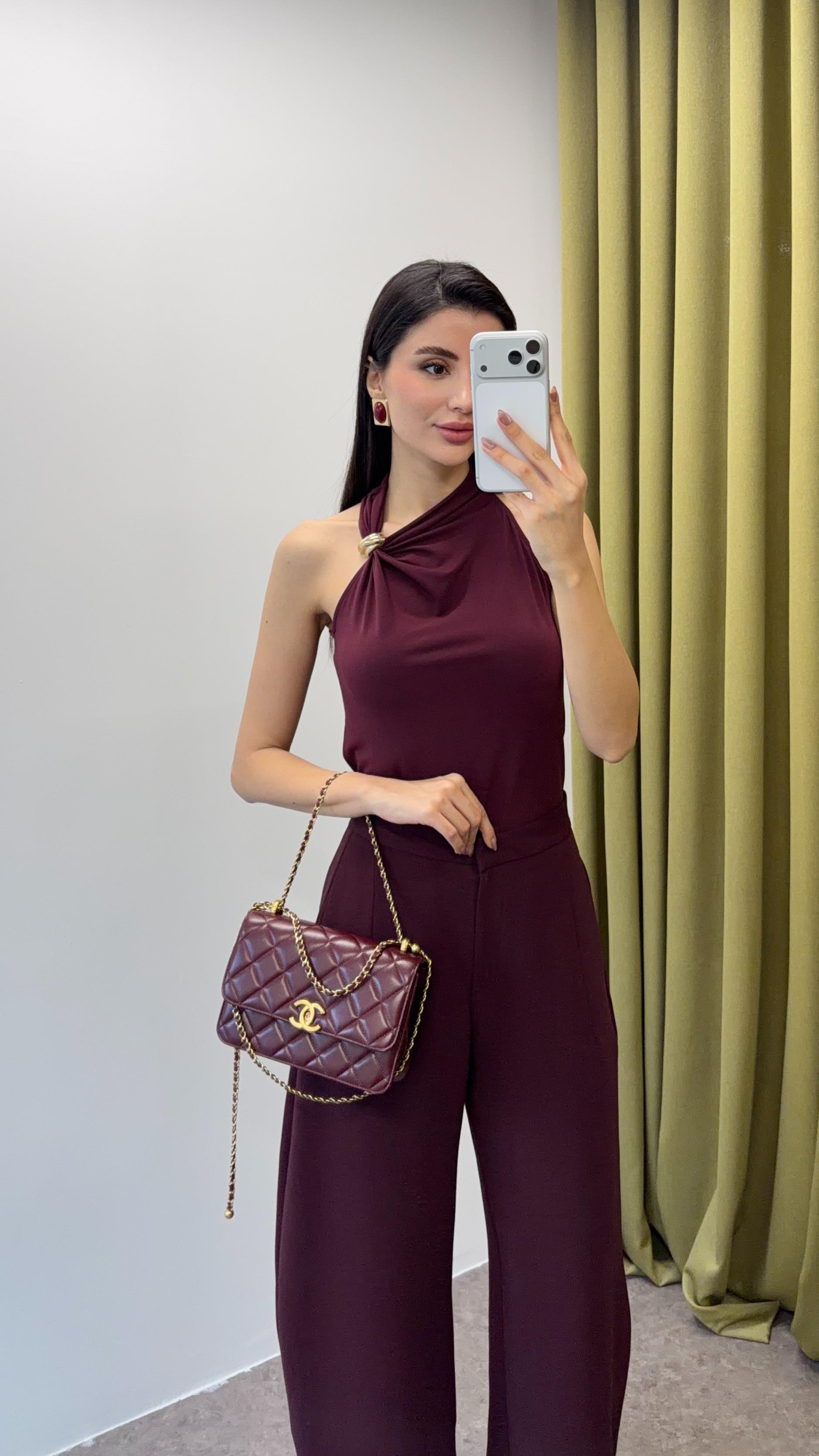 Gold Tokalı Tek Omuz Bordo Bluz