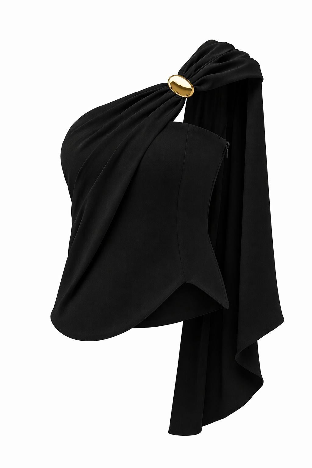 Gold Tokalı Tek Omuz Siyah Bluz