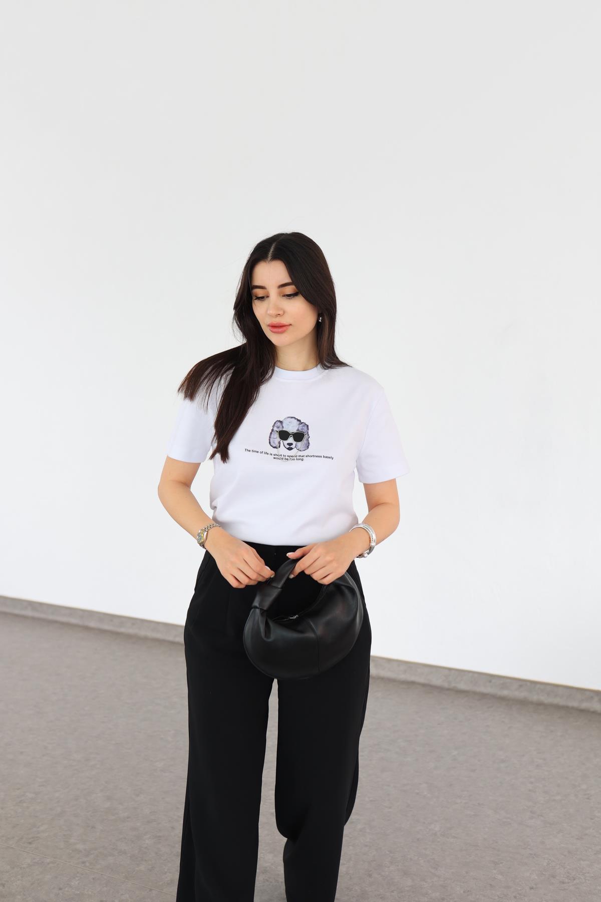 Gözlük Detaylı Beyaz Tshirt