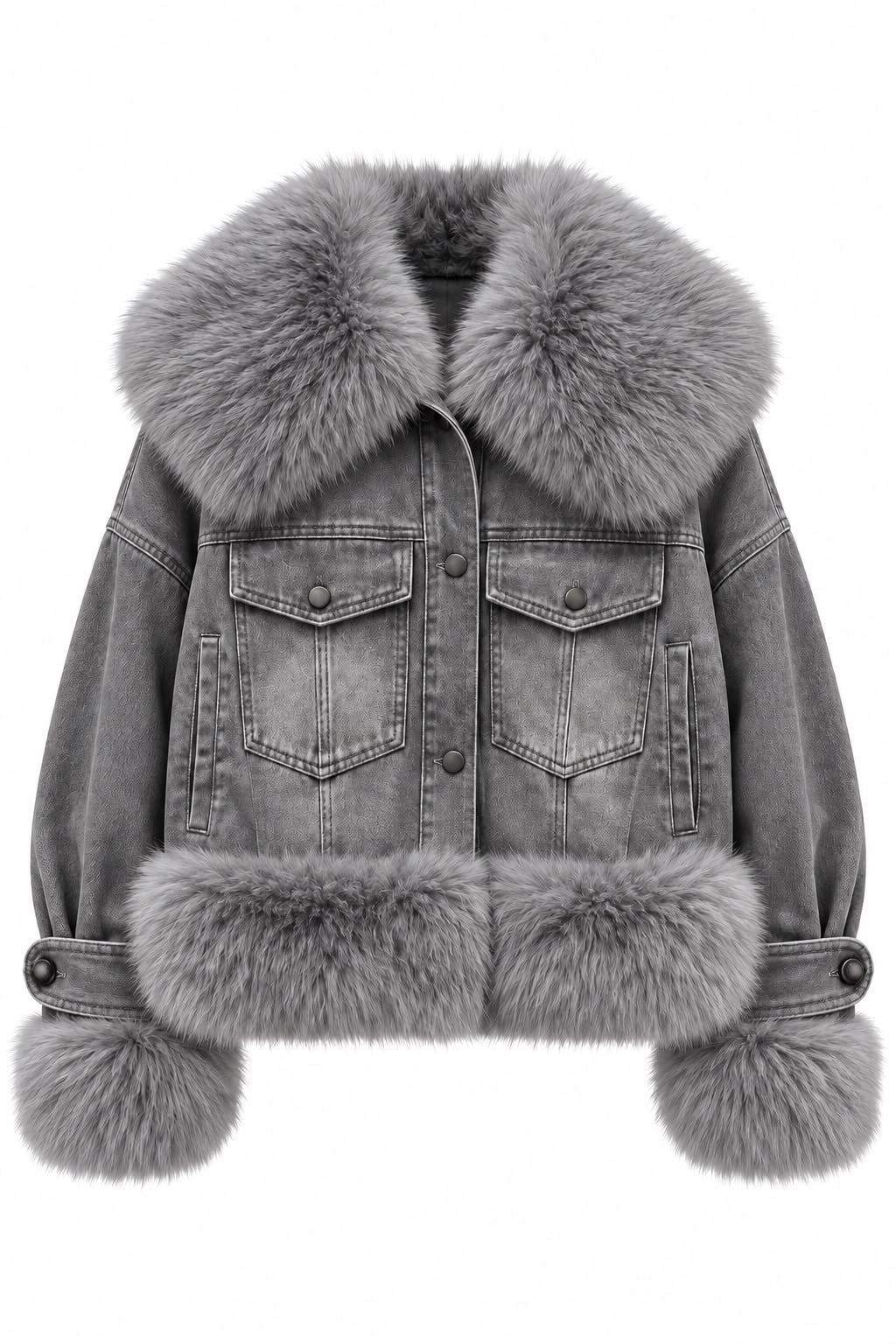 Gri İthal Kürk Yaka Denim Mont