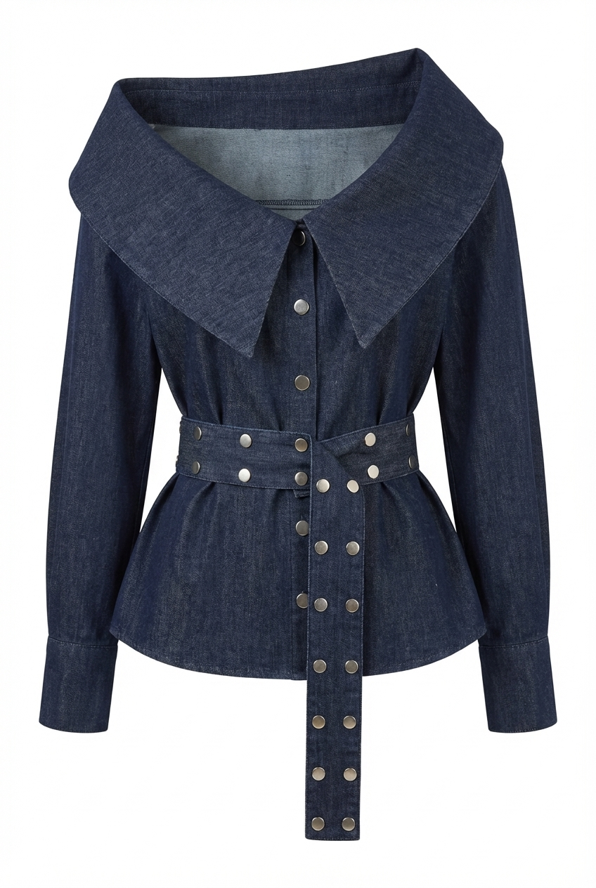 Gümüş Detaylı Tasarım Denim Gömlek