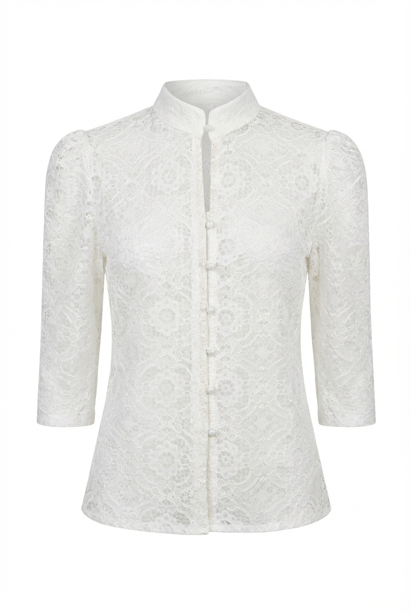 Hakim Yaka Dantelli Beyaz Bluz