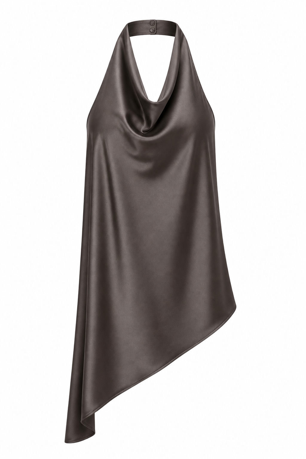 Halter Yaka Drapeli Asimetrik Saten Kahverengi Bluz