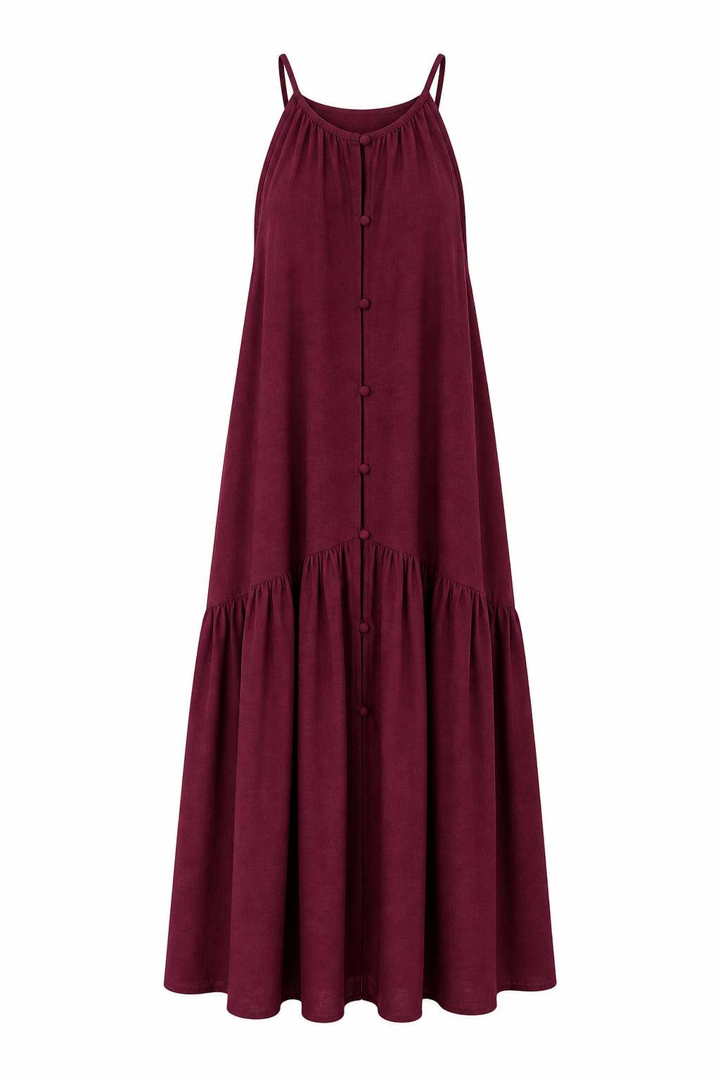 Halter Yaka Düğmeli Bordo Elbise