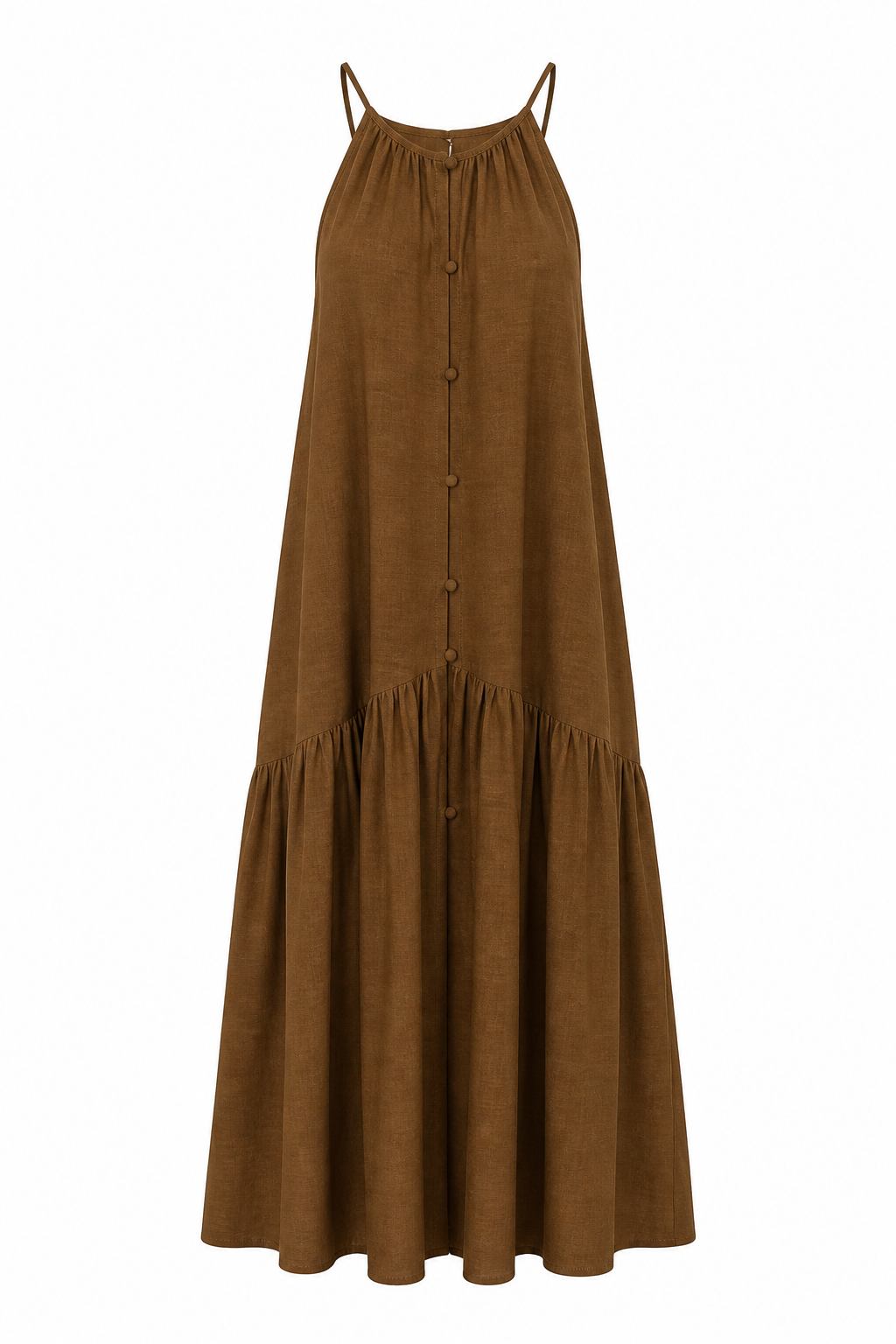 Halter Yaka Düğmeli Kahve Elbise