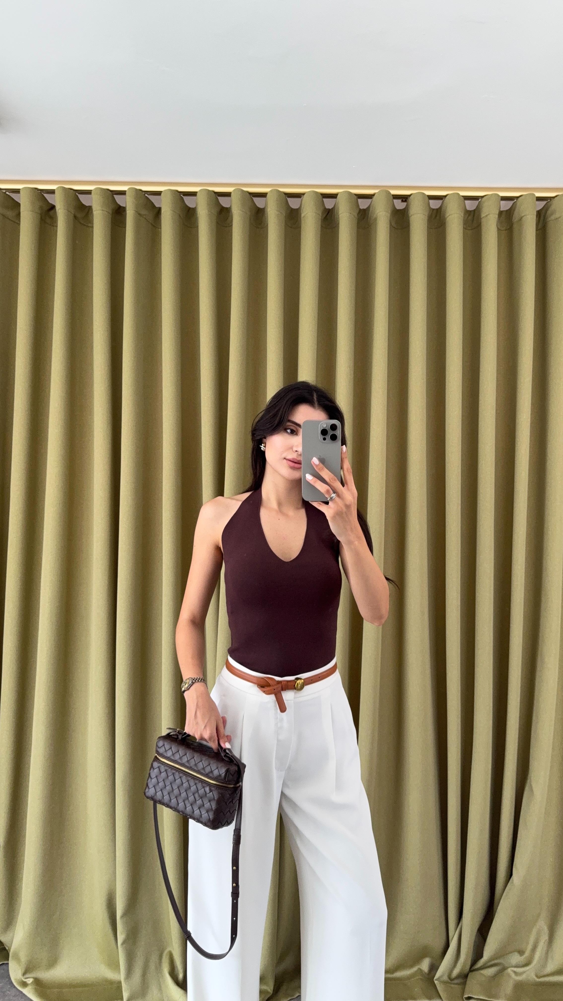 Halter Yaka Kahve Triko Bluz