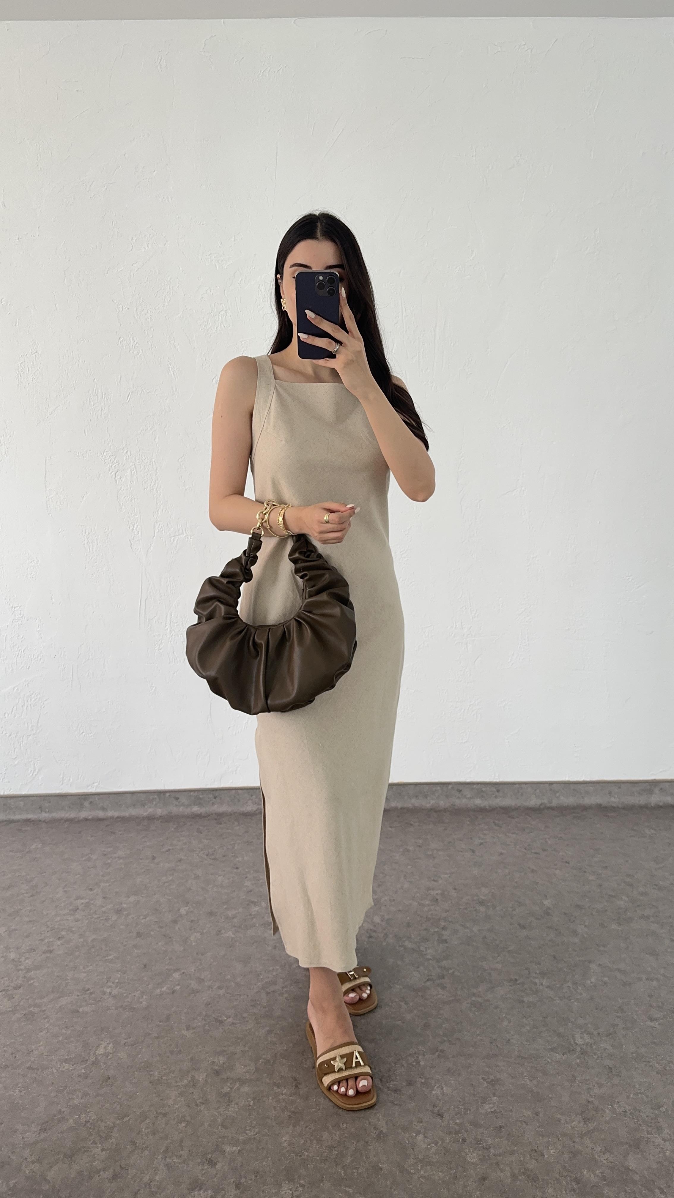 Ham Keten Premium Krem Elbise