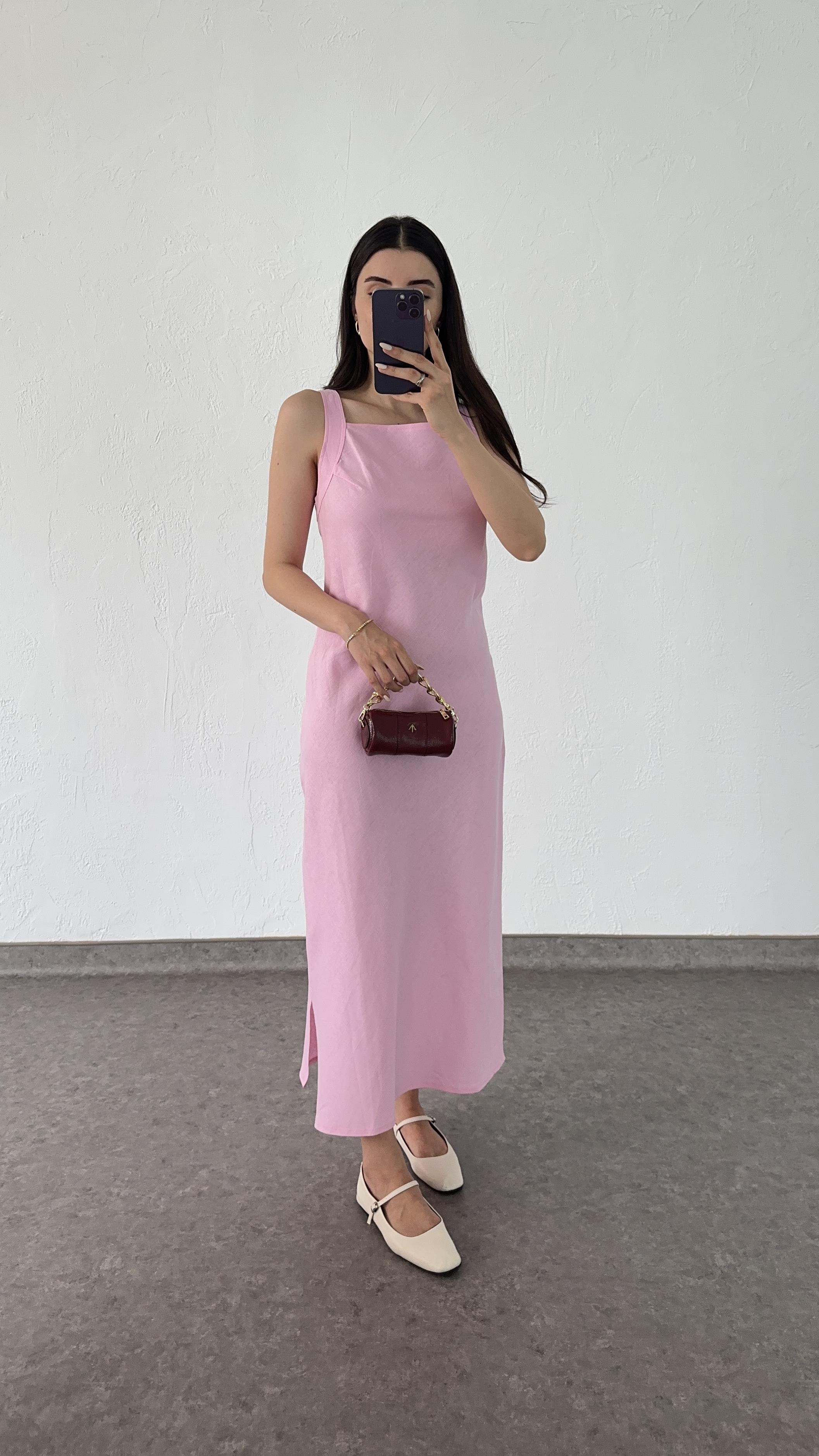 Ham Keten Premium Pembe Elbise