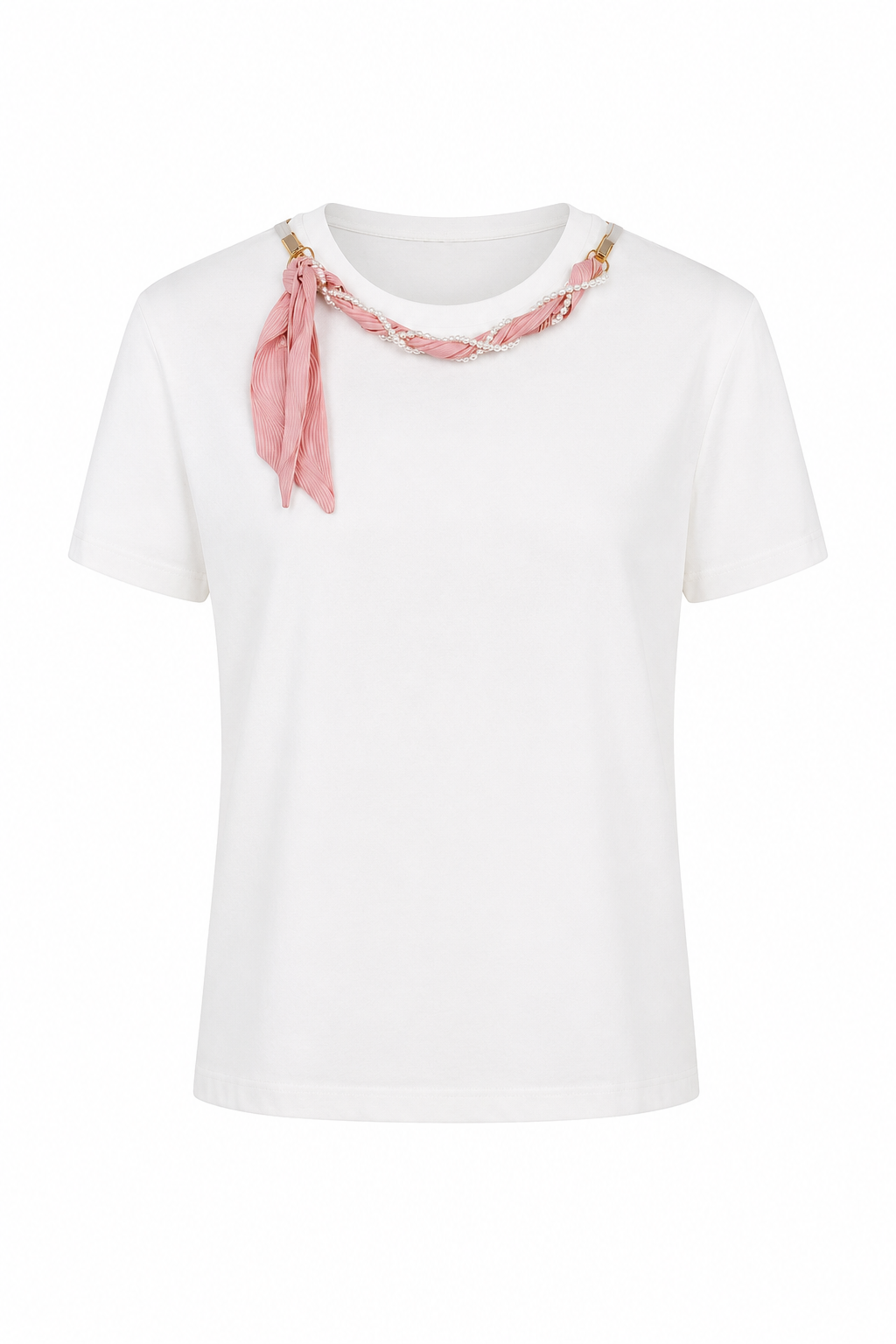 İnci Pembe Fularlı Beyaz Tshirt