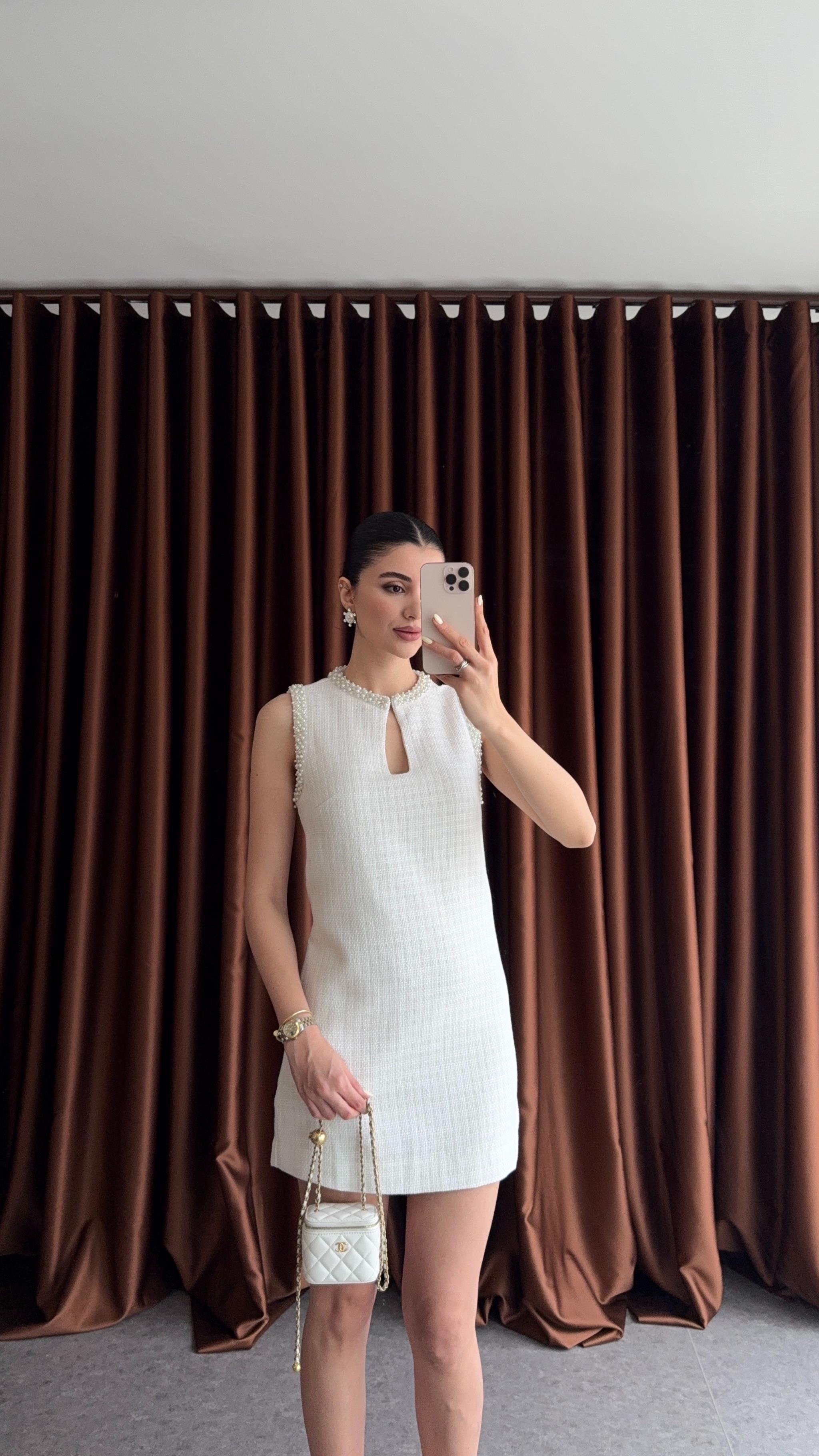 İncili Ekru Tuvit Elbise