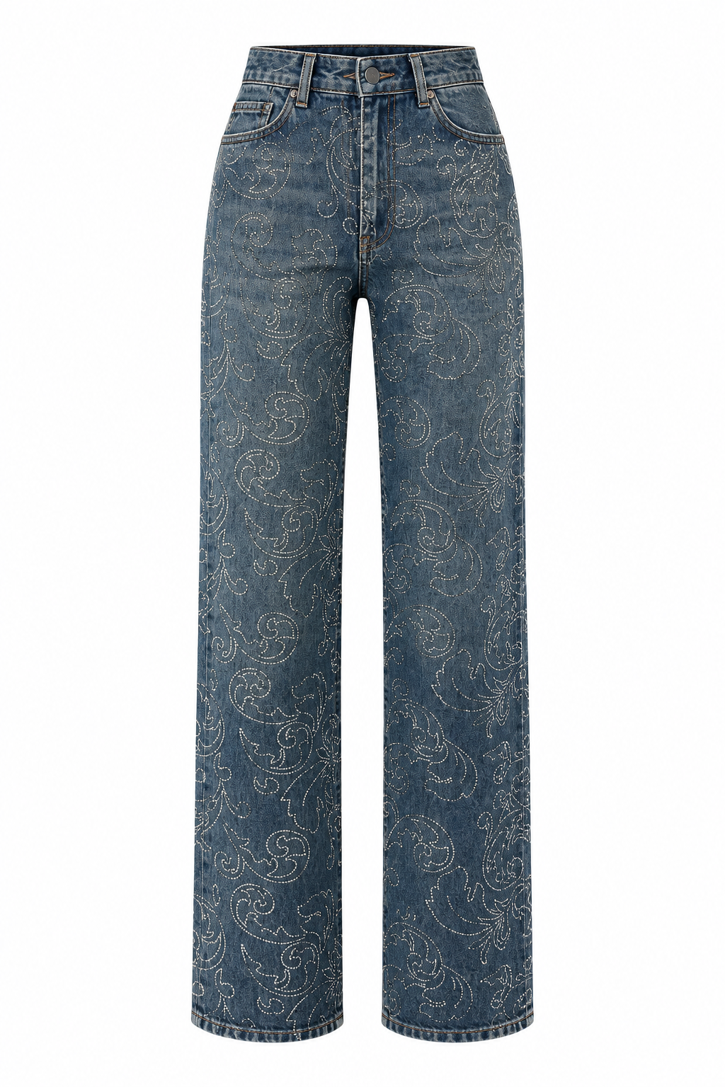 Işıltılı Taşlı Straight Leg Denim Pantolon