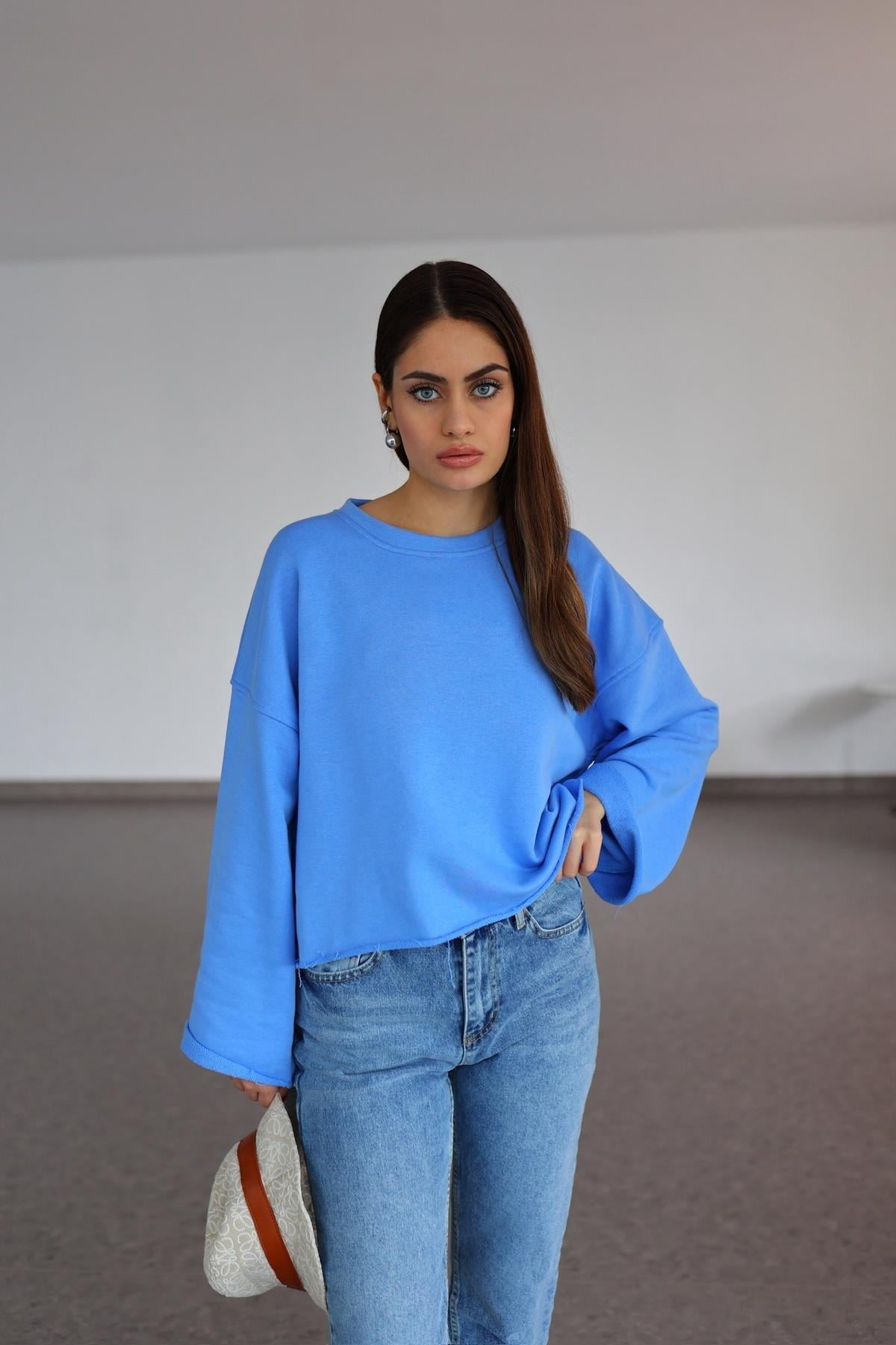 İspanyol Kol Basic Mavi Sweat