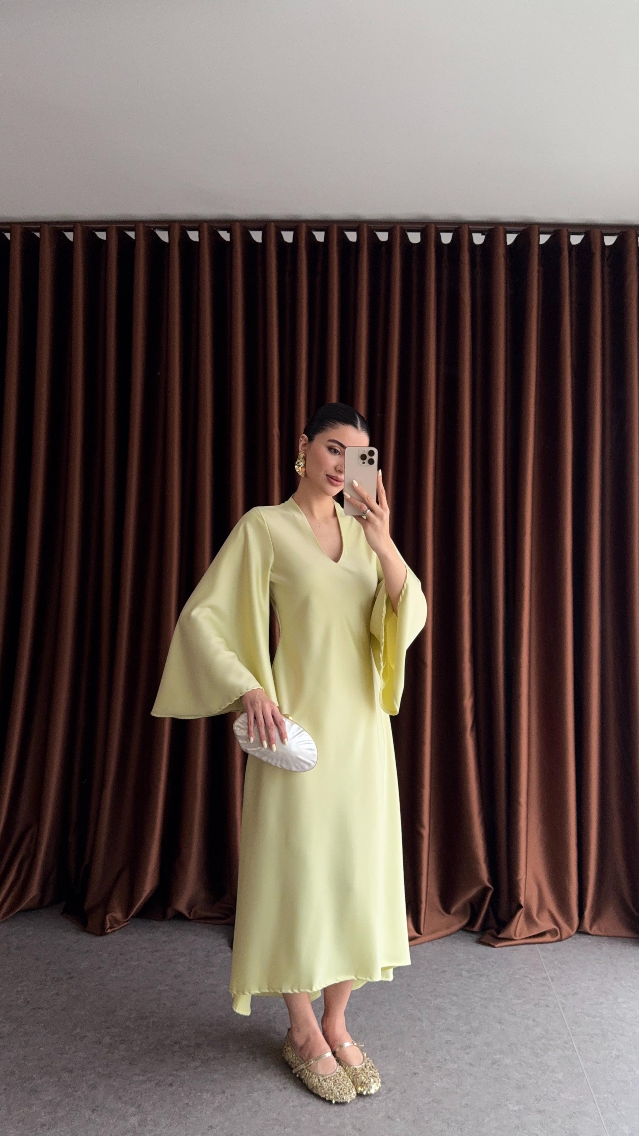 İspanyol Kol Premium Lime Saten Elbise