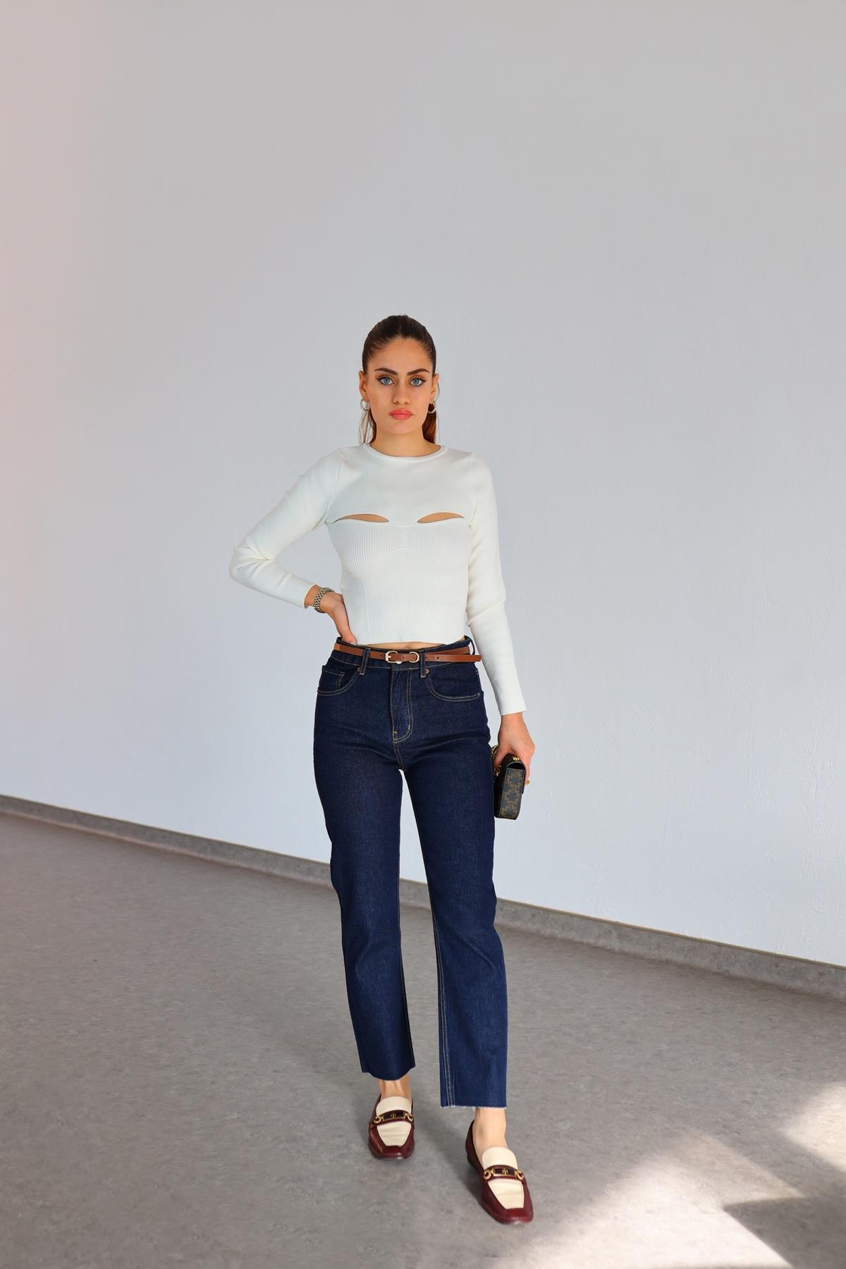 Kahve Dikişli Koyu Lacivert Boyfit Jean