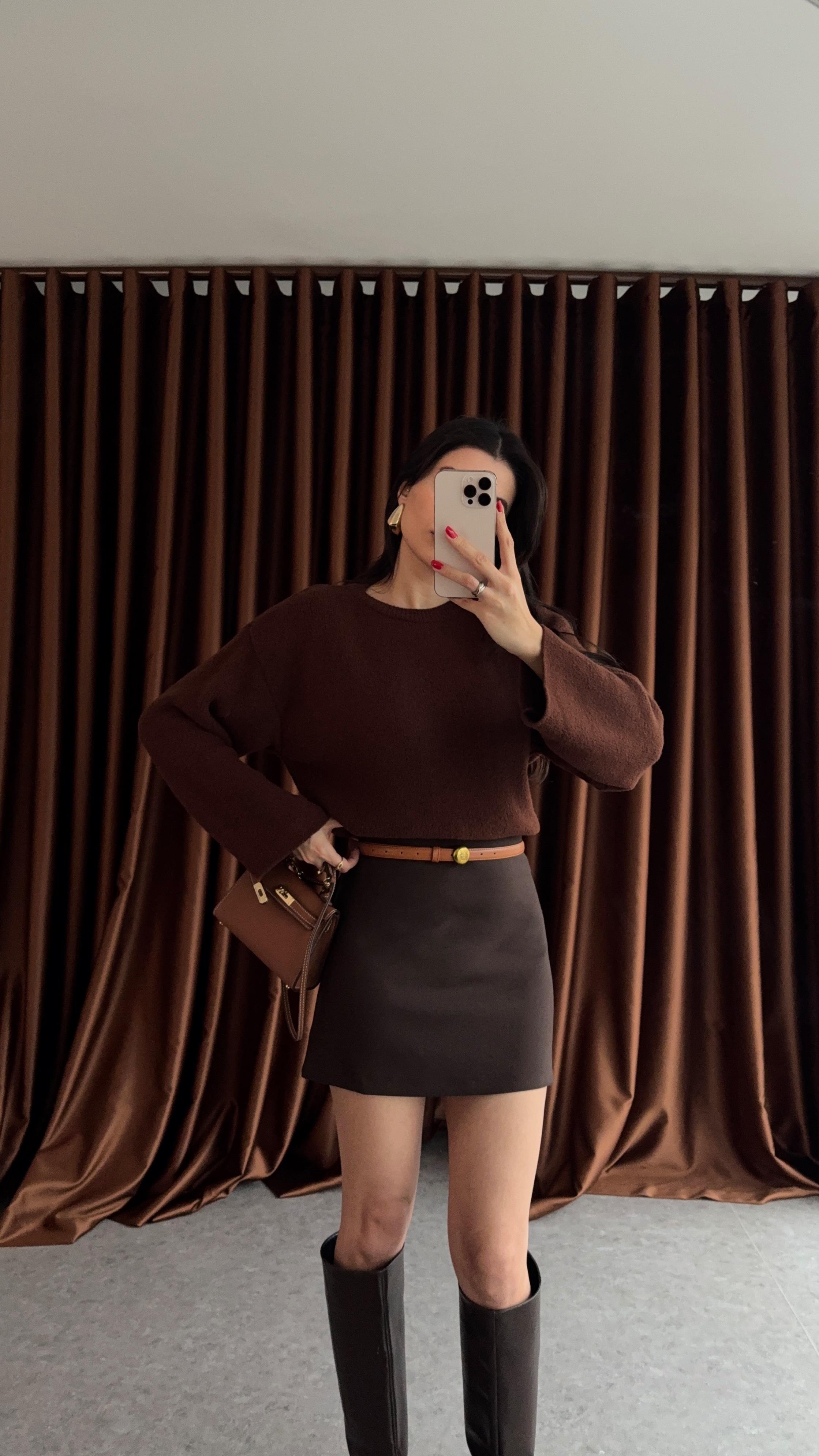 Kahverengi Basic Etek