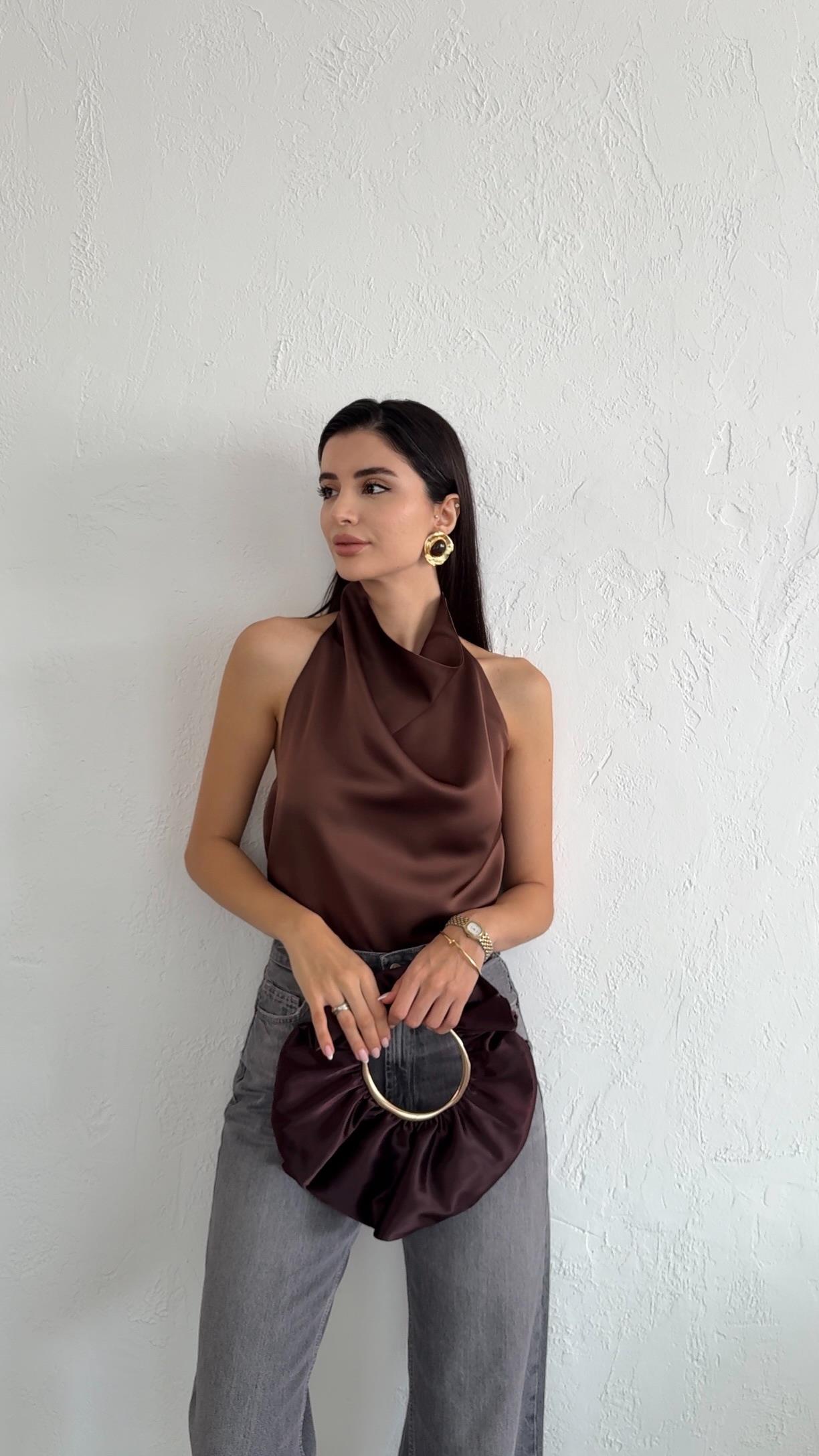 Kahverengi Saten Bluz