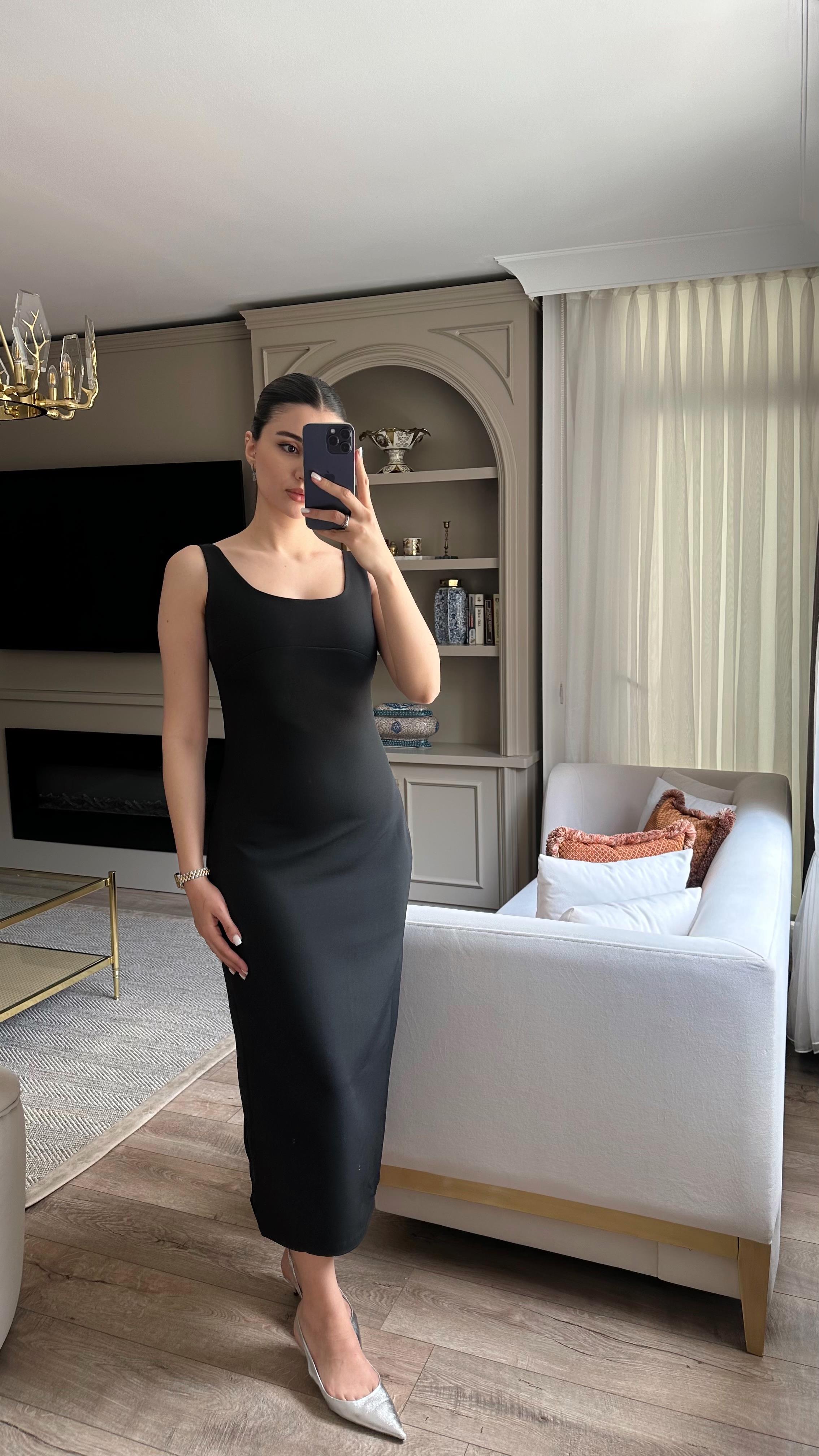 Kalın Askılı Basic Siyah Kalem Elbise