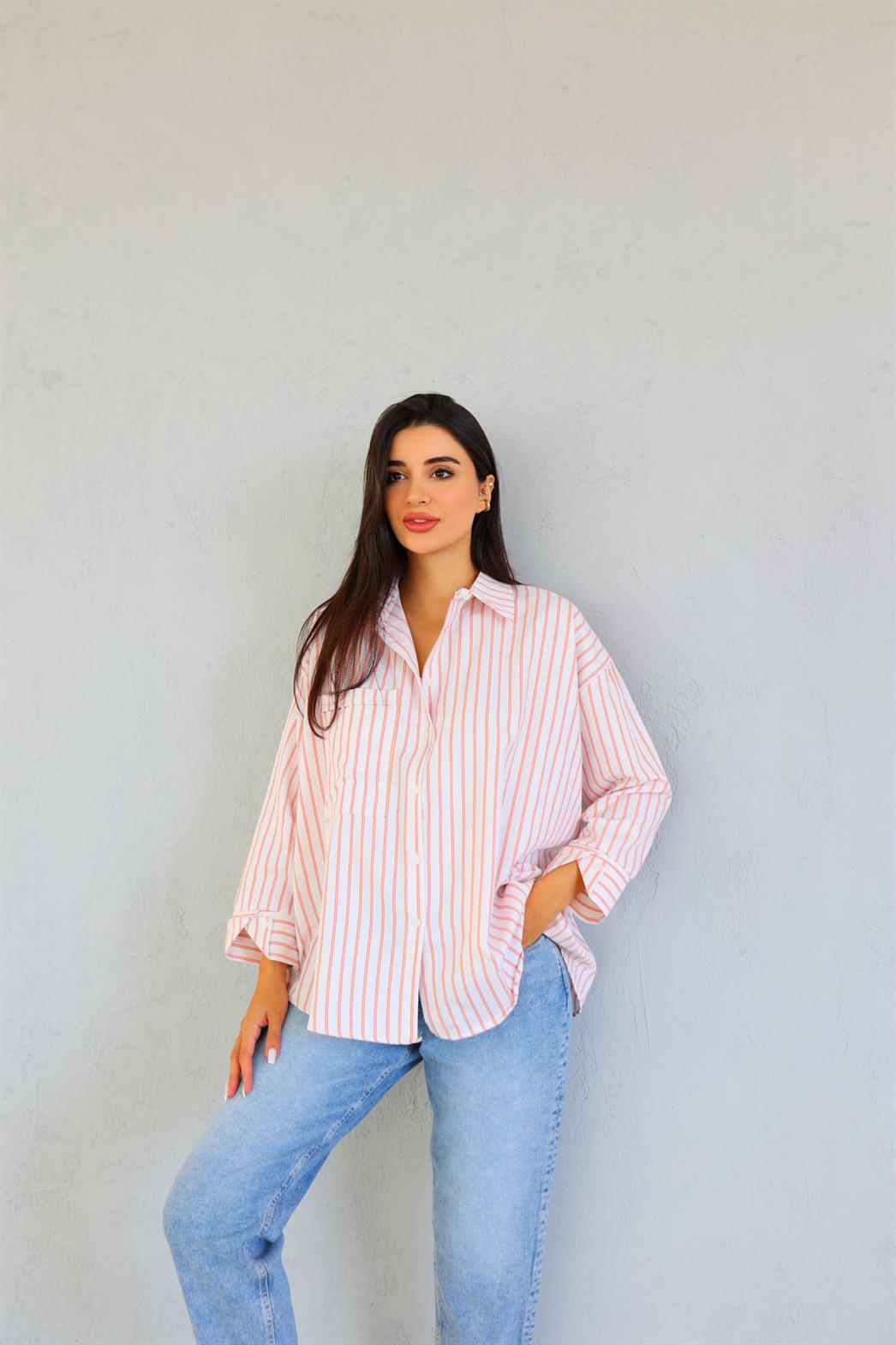 Kalın Pembe Çizgili Oversize Gömlek