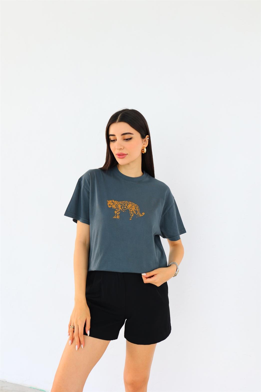 Kaplan Baskılı Yıkamalı Tshirt