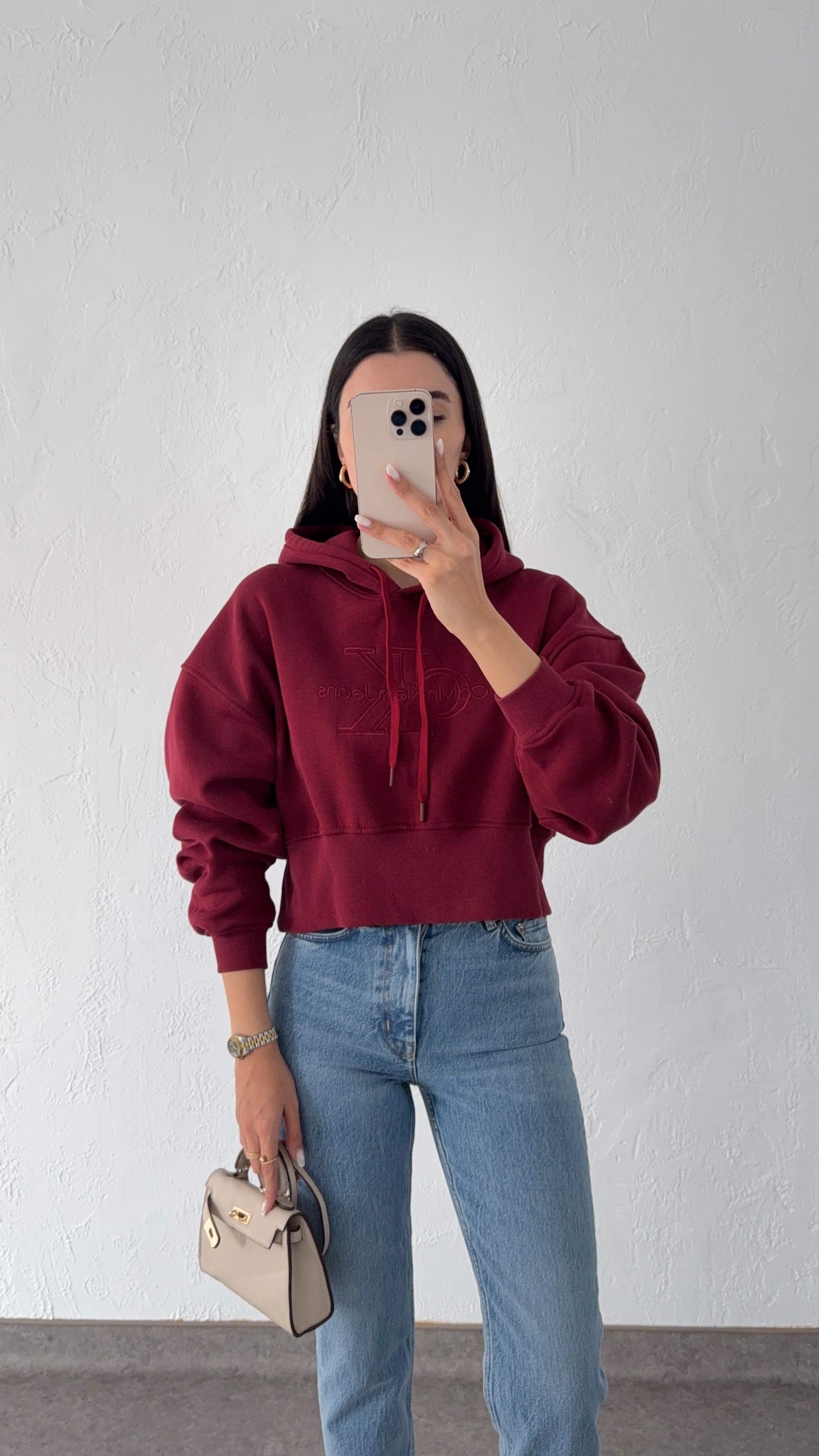 Kapşonlu Bordo Sweatshirt
