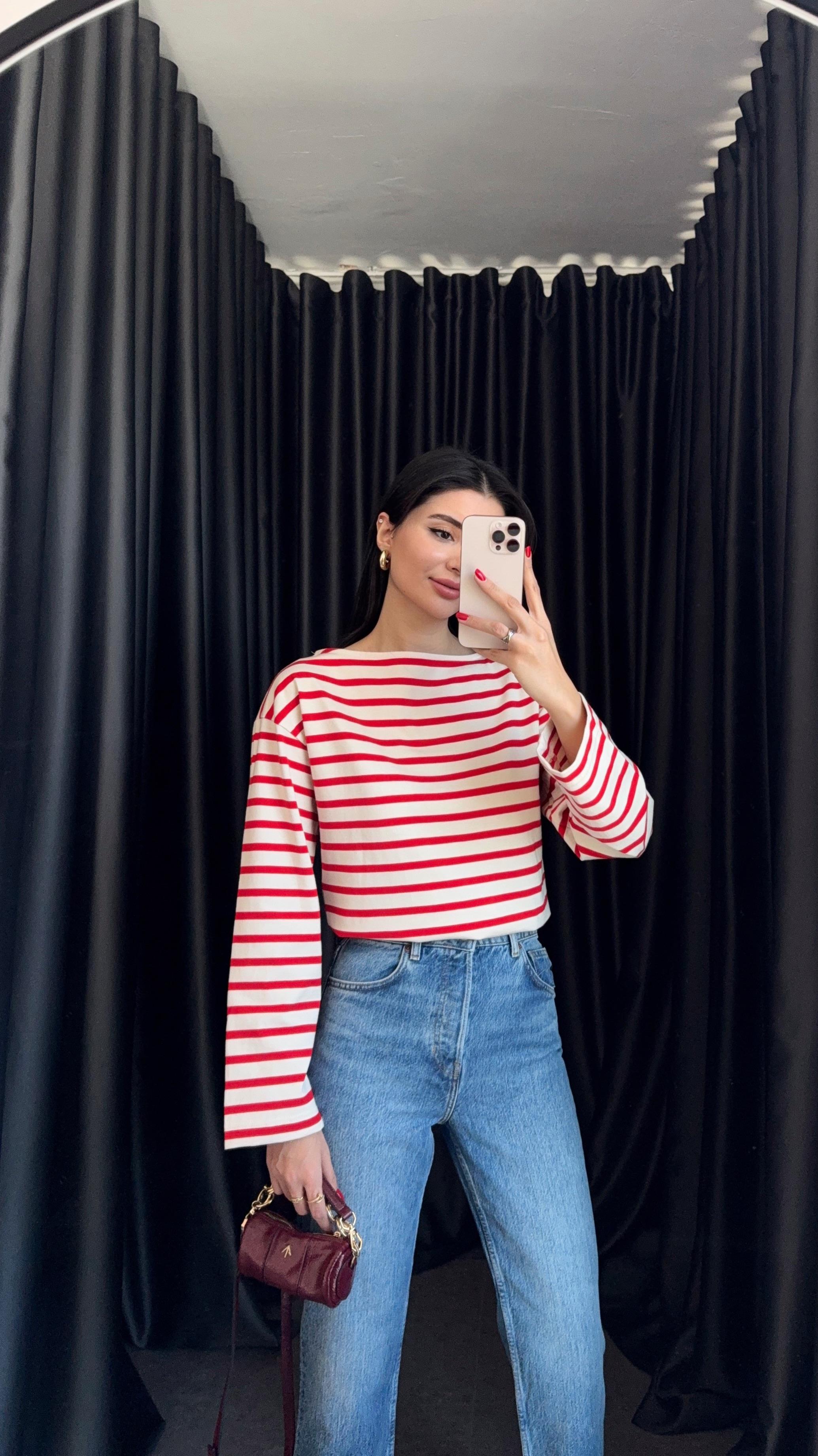 Kayık Yaka Kırmızı Çizgili Basic