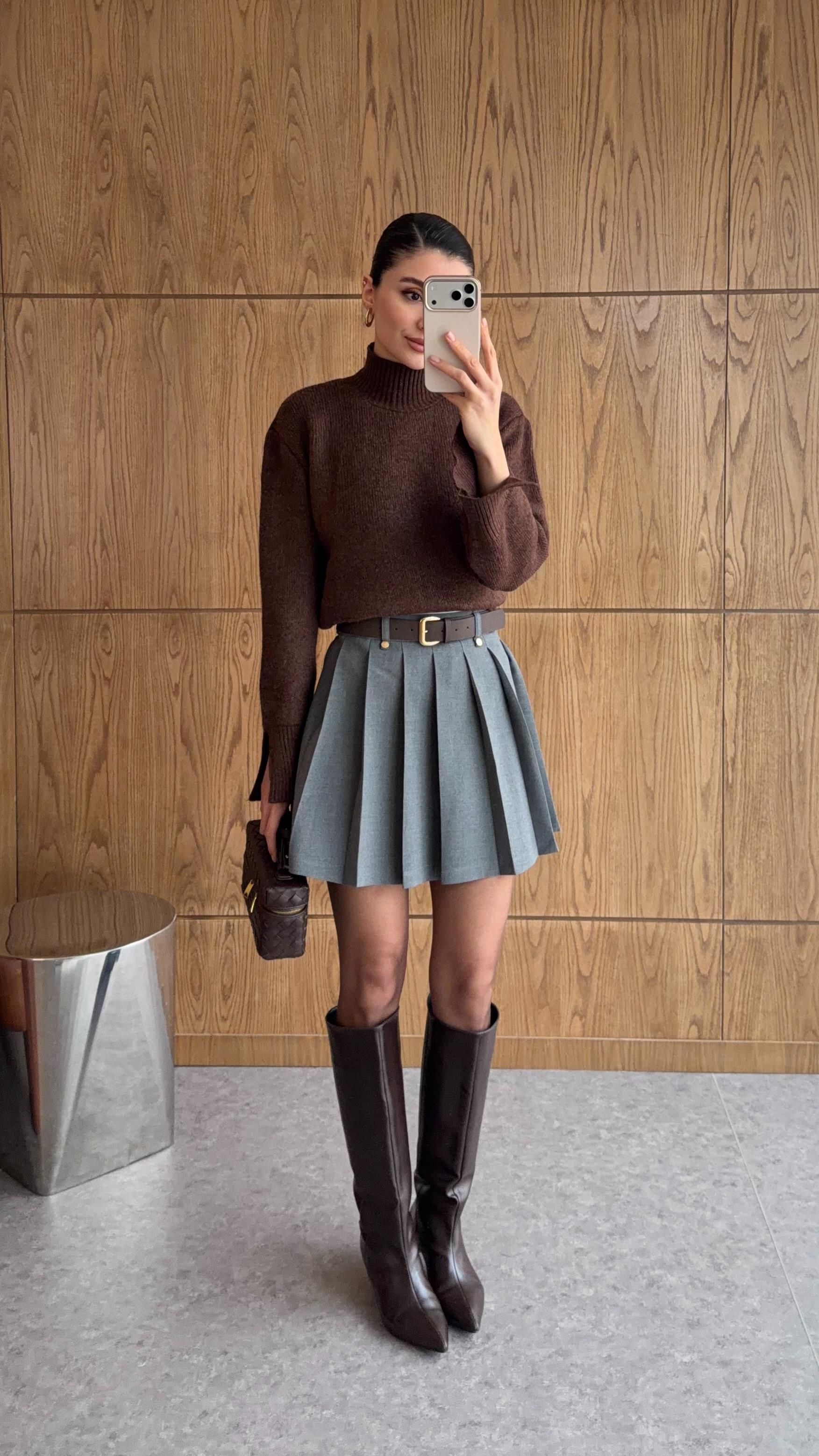 Kemerli Gri Şort Etek