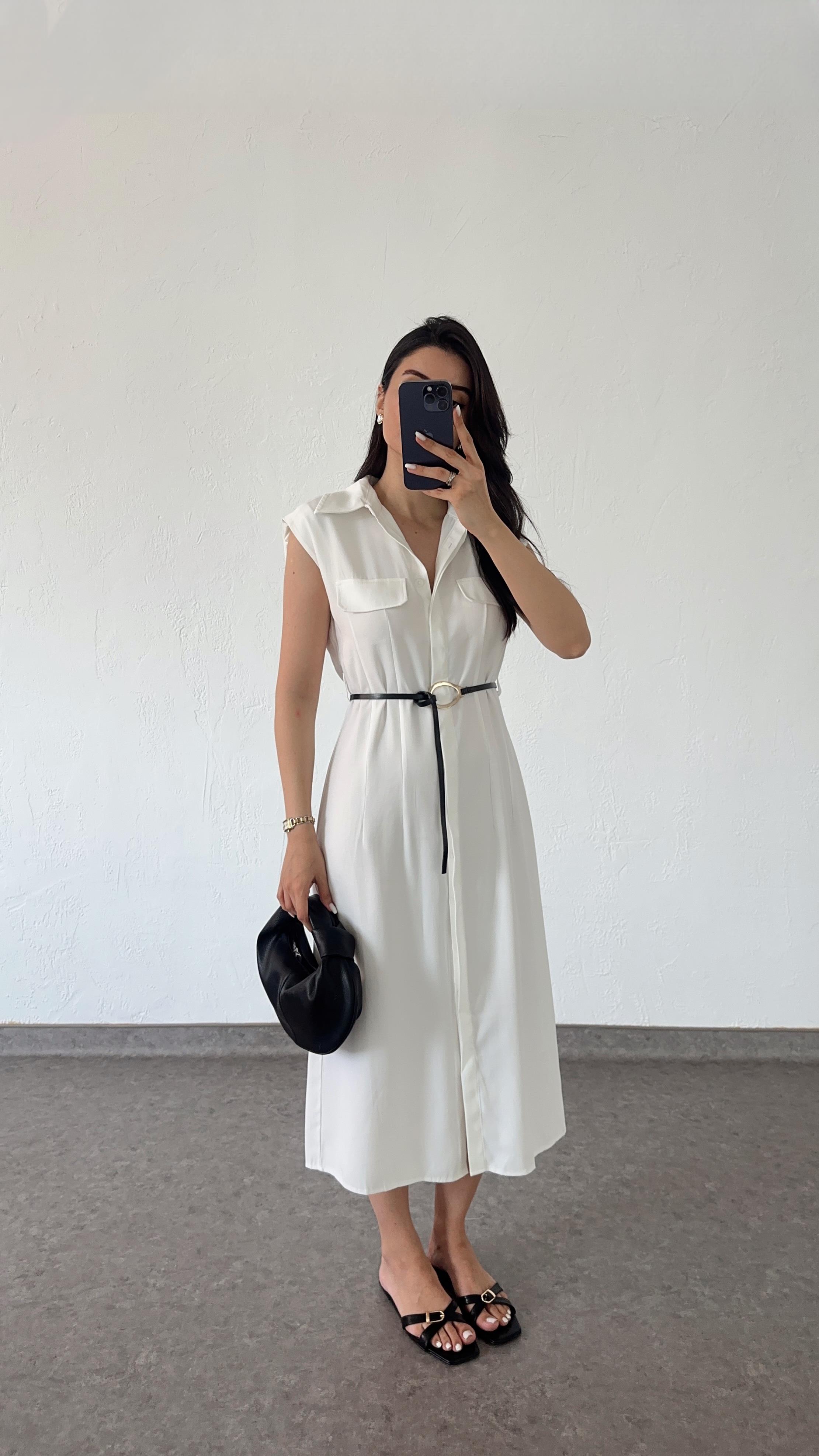 Kemerli Premium Tencel Beyaz Elbise