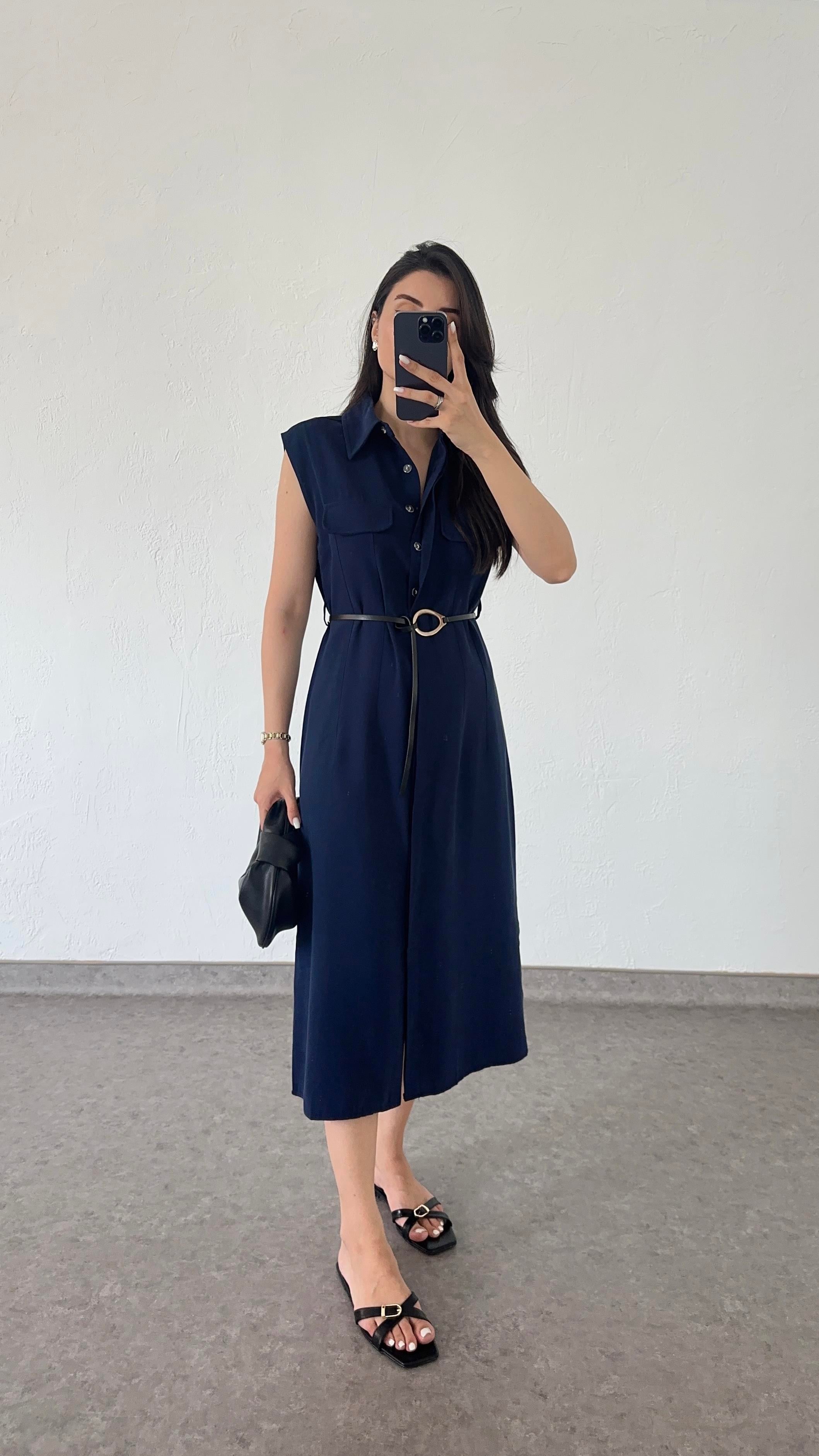 Kemerli Premium Tencel Lacivert Elbise