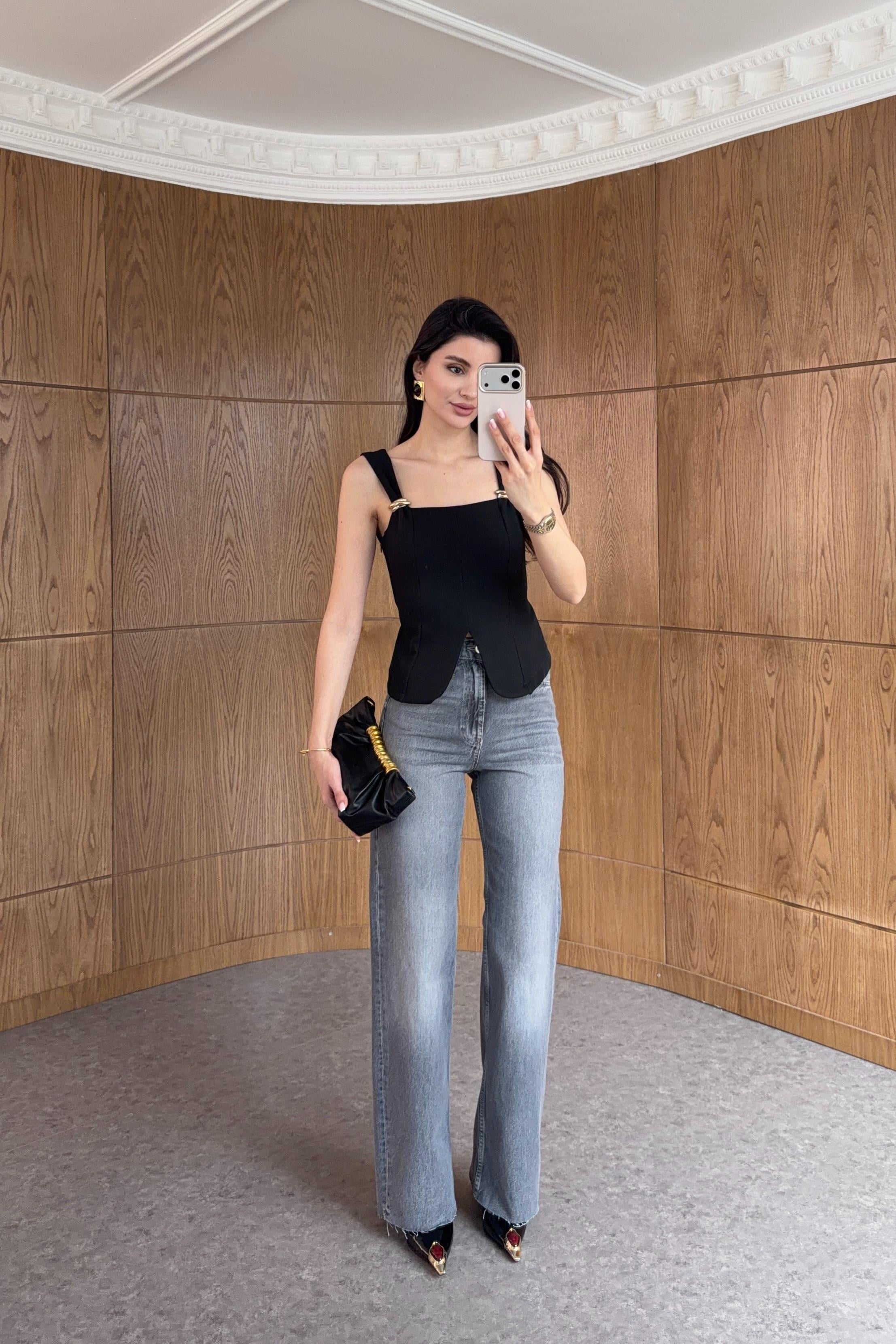 Kesik Paça Antrasit Push-up Jean
